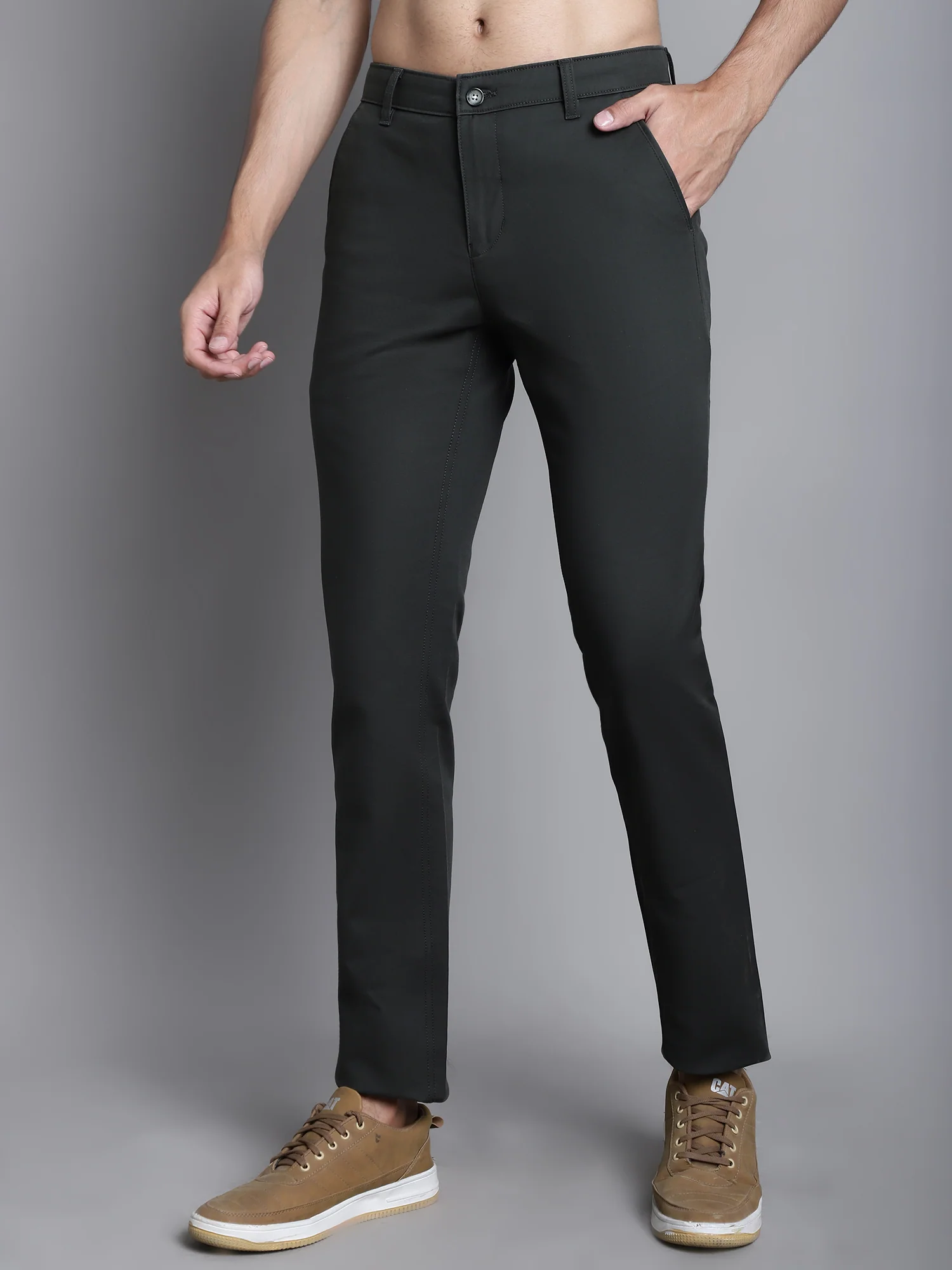 Men's Casual Flat front Olive Green  Trousers - Image 3