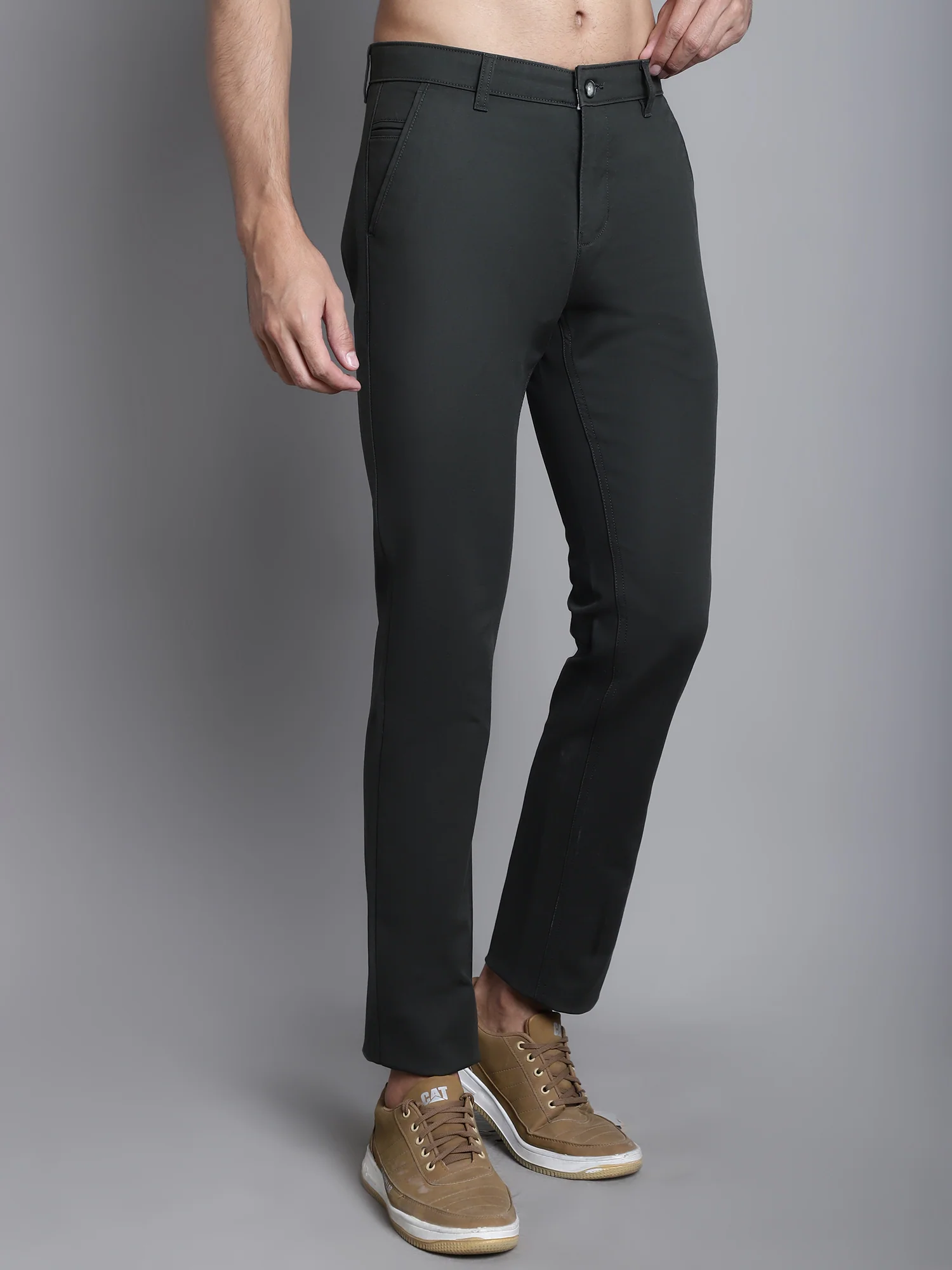 Men's Casual Flat front Olive Green  Trousers - Image 4