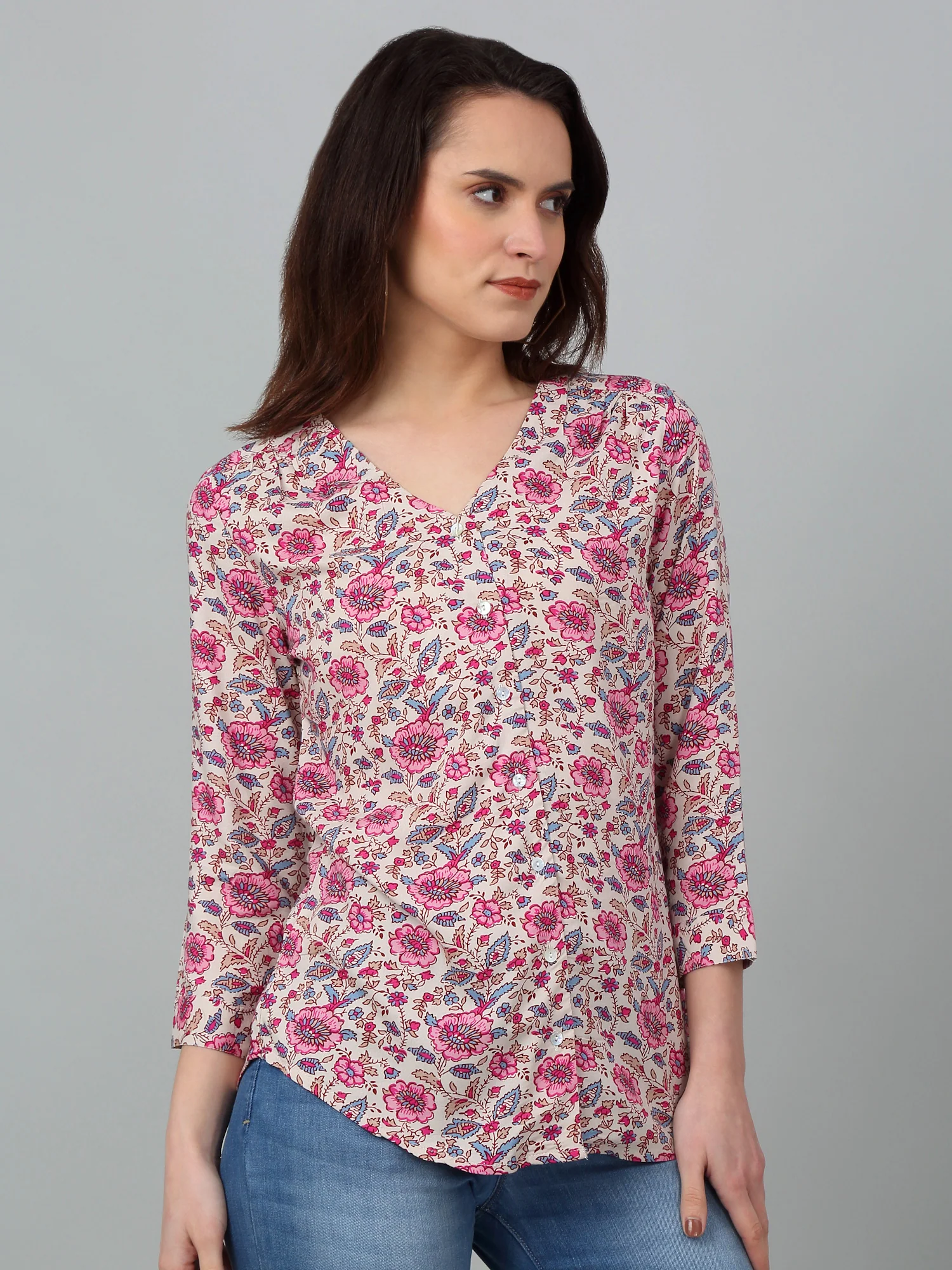 Women's Casual  Pink Floral Print V neck Top - Image 4