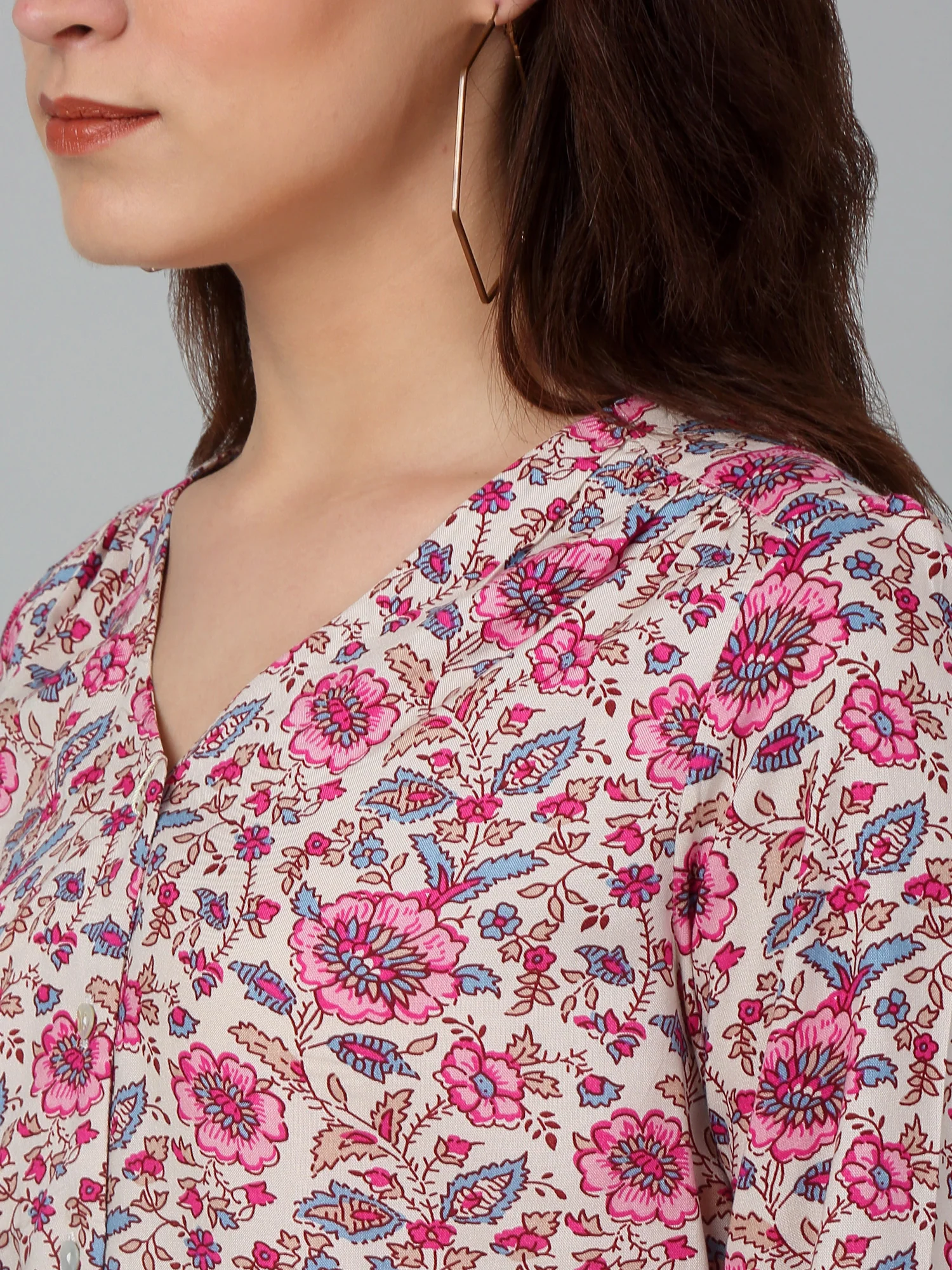 Women's Casual  Pink Floral Print V neck Top - Image 5