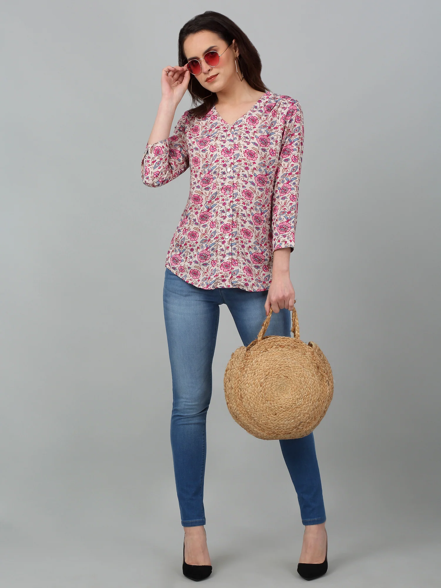 Women's Casual  Pink Floral Print V neck Top - Image 6