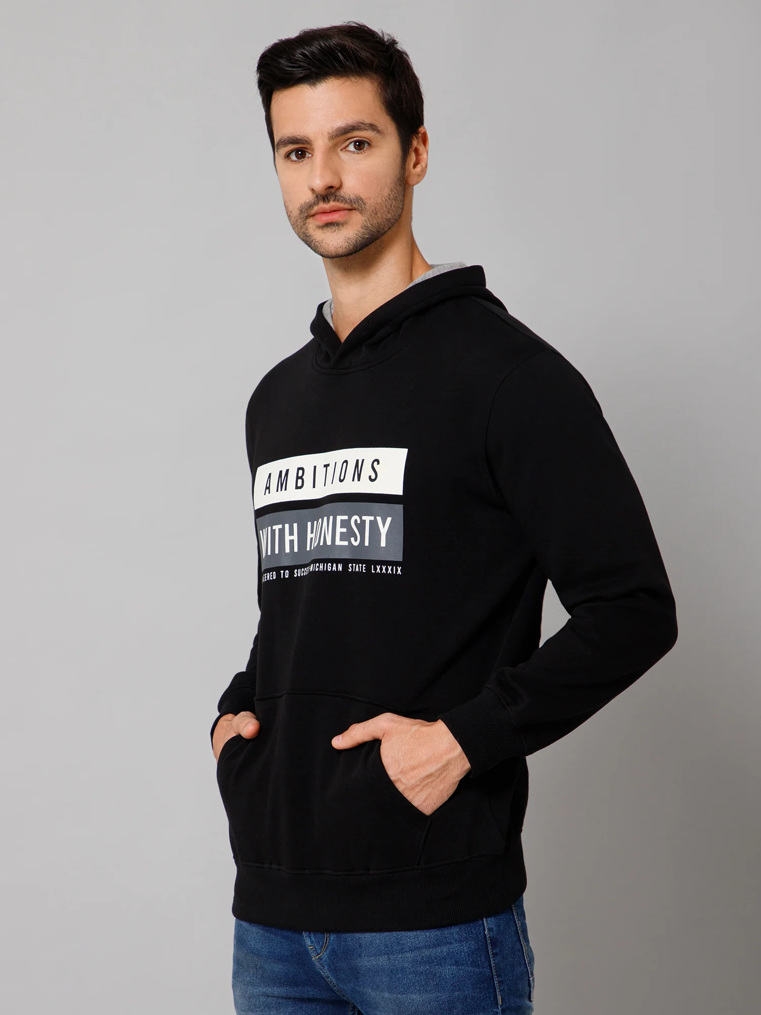 Printed Black Full Sleeves Hooded Neck Regular Fit Casual Sweatshirt for Men - Image 2