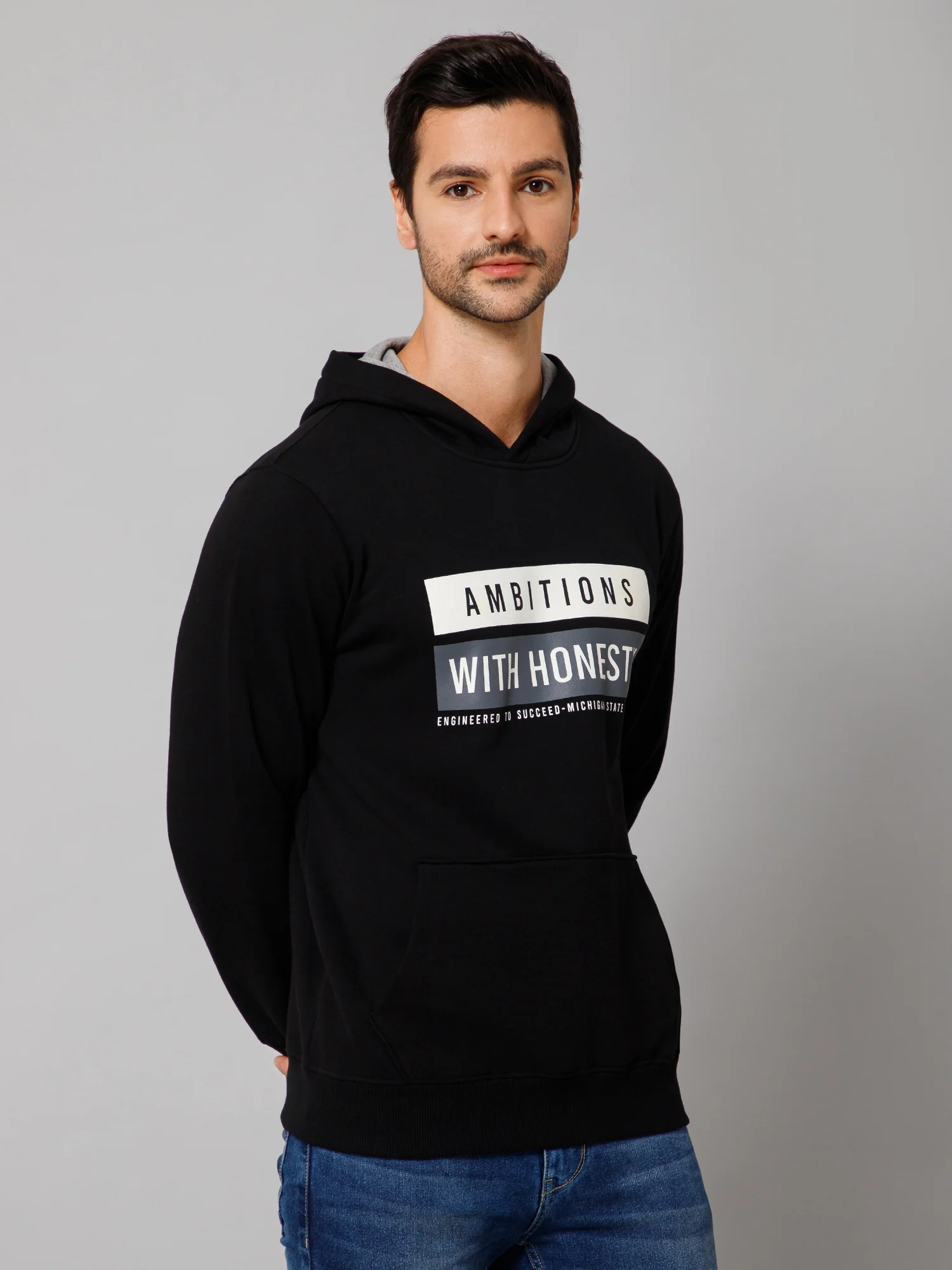 Printed Black Full Sleeves Hooded Neck Regular Fit Casual Sweatshirt for Men - Image 3