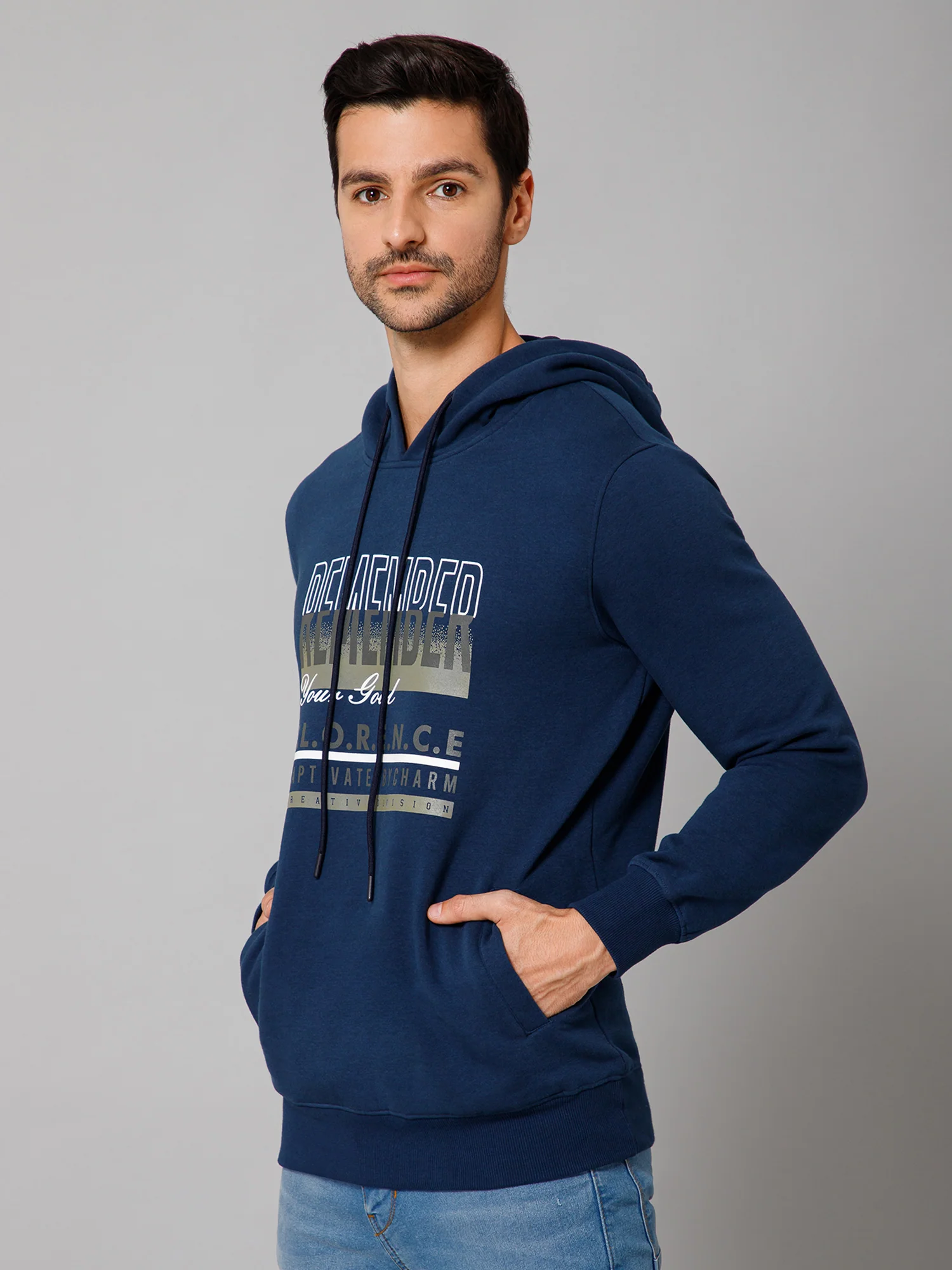 Printed Blue Full Sleeves Hooded Neck Regular Fit Casual Sweatshirt for Men - Image 2
