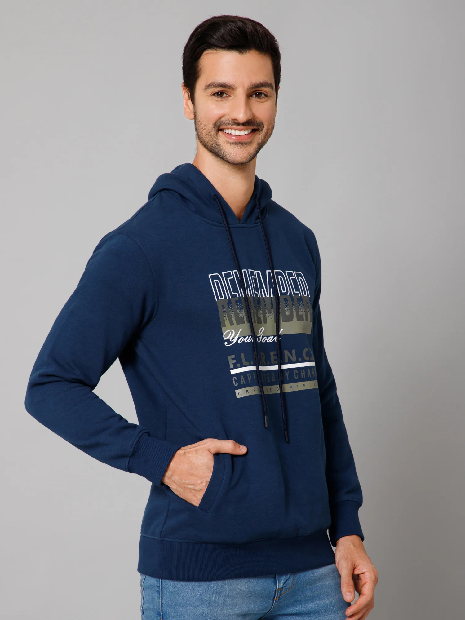 Printed Blue Full Sleeves Hooded Neck Regular Fit Casual Sweatshirt for Men - Image 3