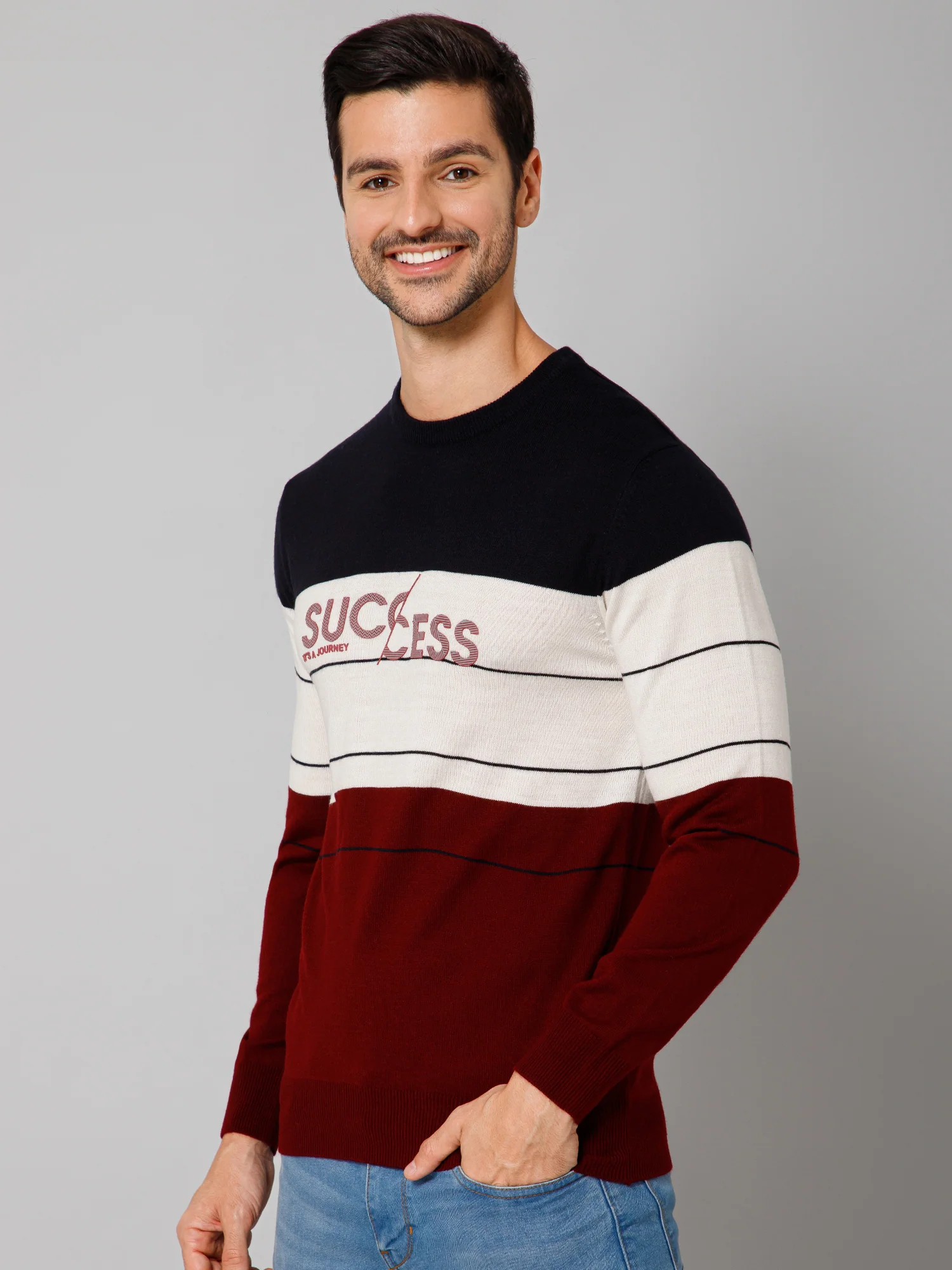 Printed Maroon Full Sleeves Round Neck Regular Fit Casual Sweater for Men - Image 2