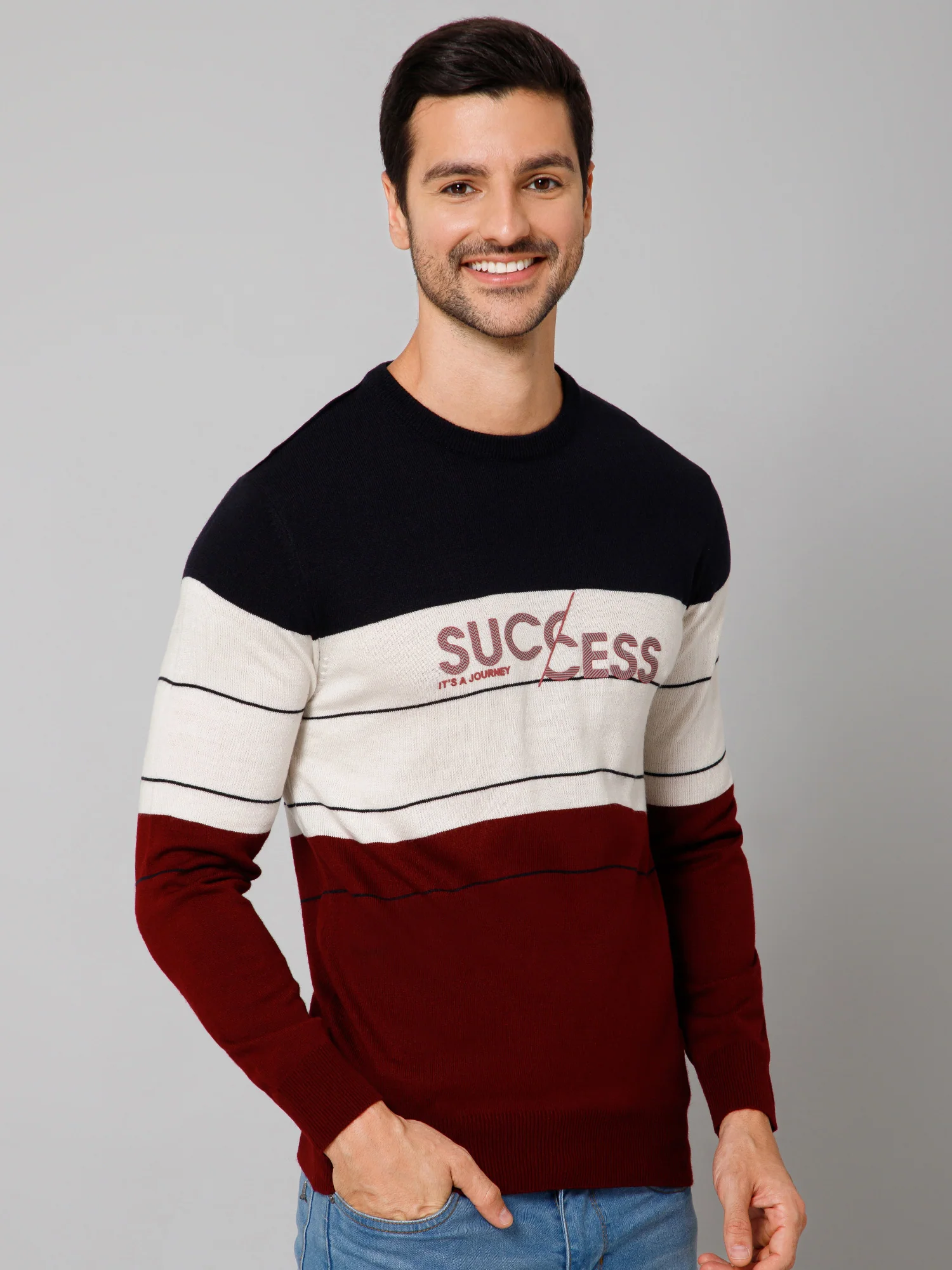 Printed Maroon Full Sleeves Round Neck Regular Fit Casual Sweater for Men - Image 3