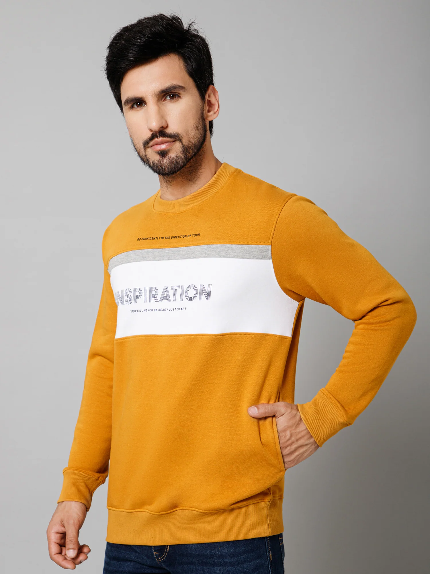 Printed Mustard Full Sleeves Round Neck Regular Fit Casual Sweatshirt For Mens - Image 2
