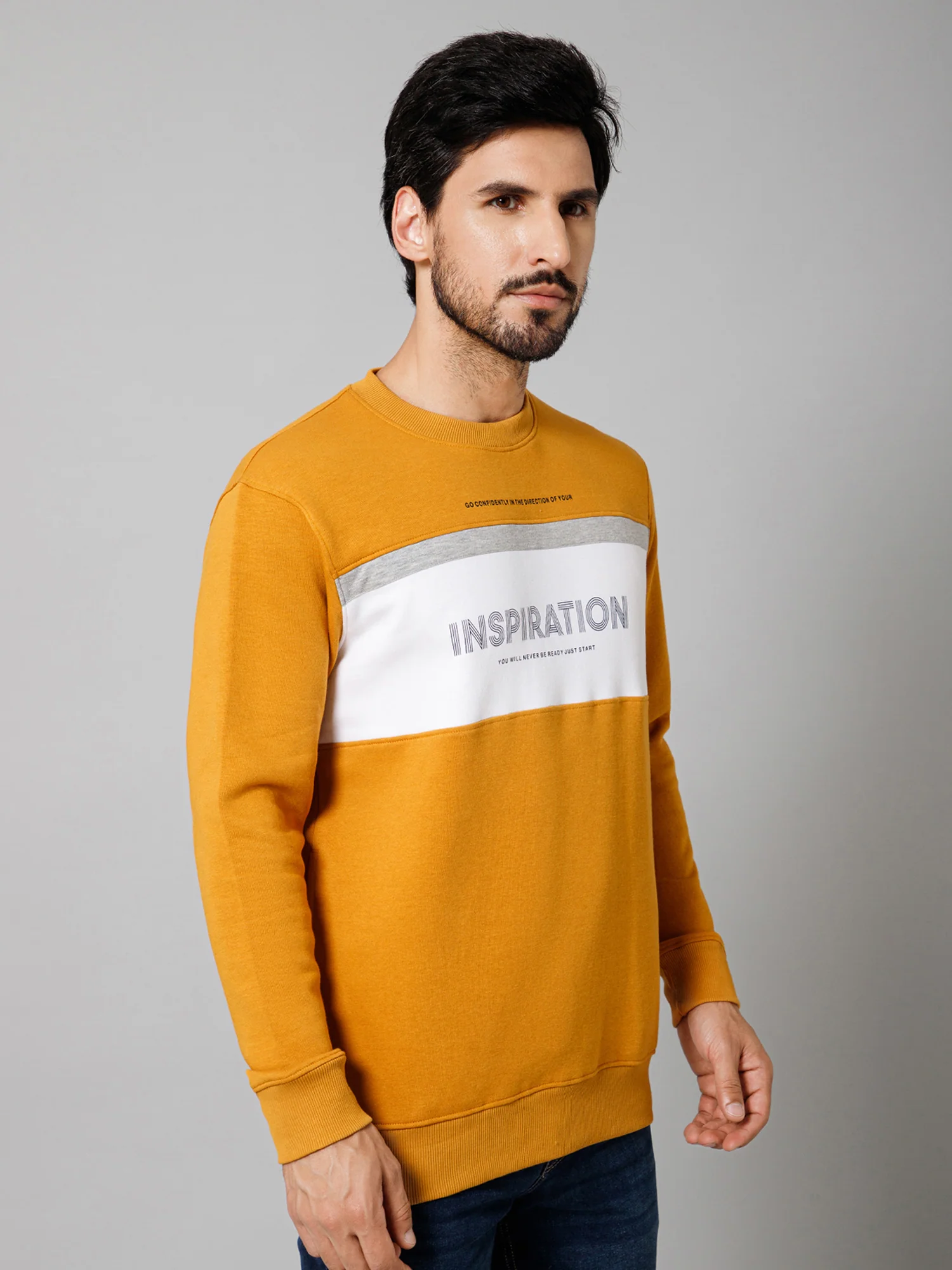 Printed Mustard Full Sleeves Round Neck Regular Fit Casual Sweatshirt For Mens - Image 3