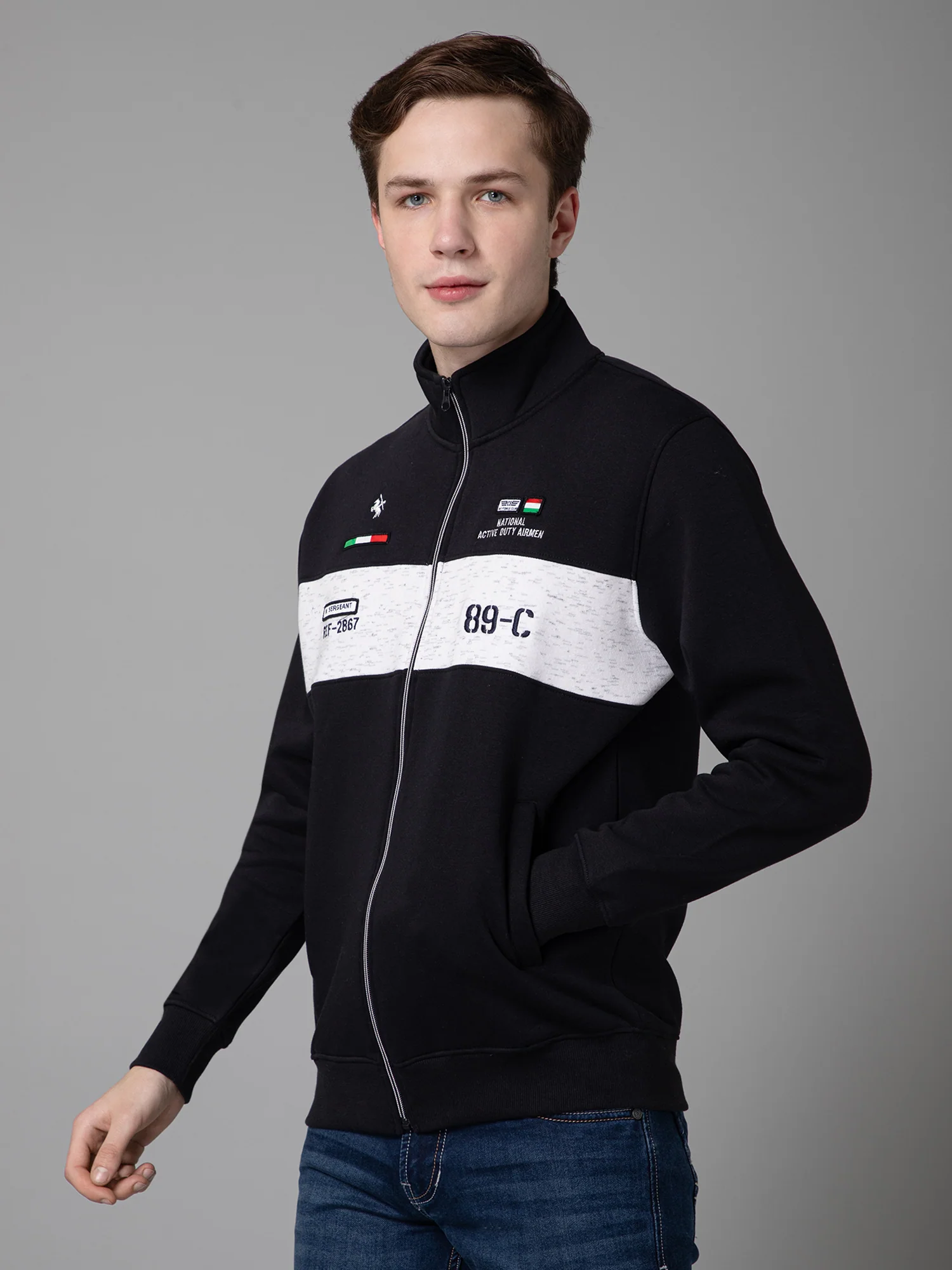 Printed Navy Blue Full Sleeves Mock Collar Regular Fit Casual Sweatshirt for Men - Image 2