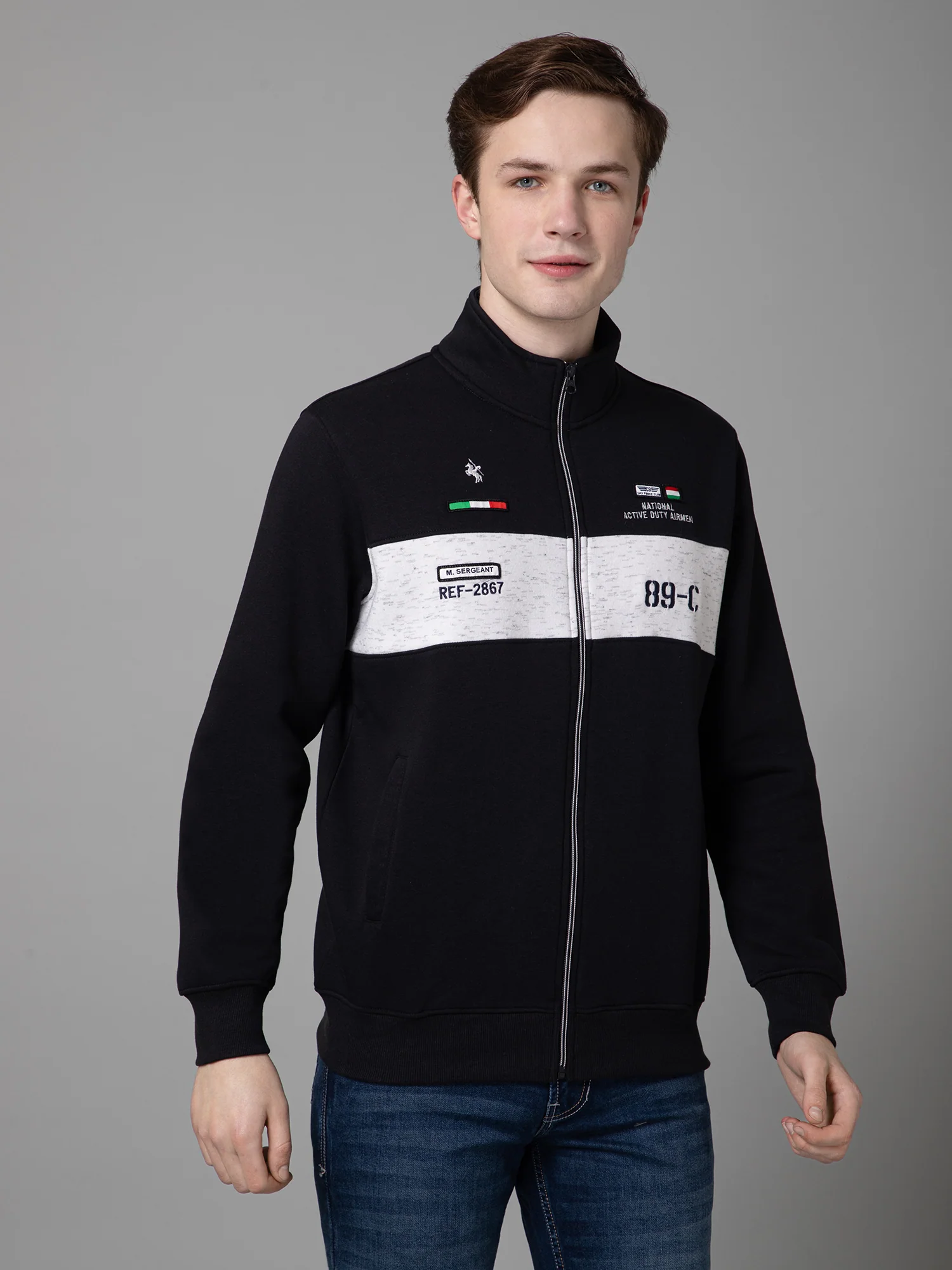 Printed Navy Blue Full Sleeves Mock Collar Regular Fit Casual Sweatshirt for Men - Image 3