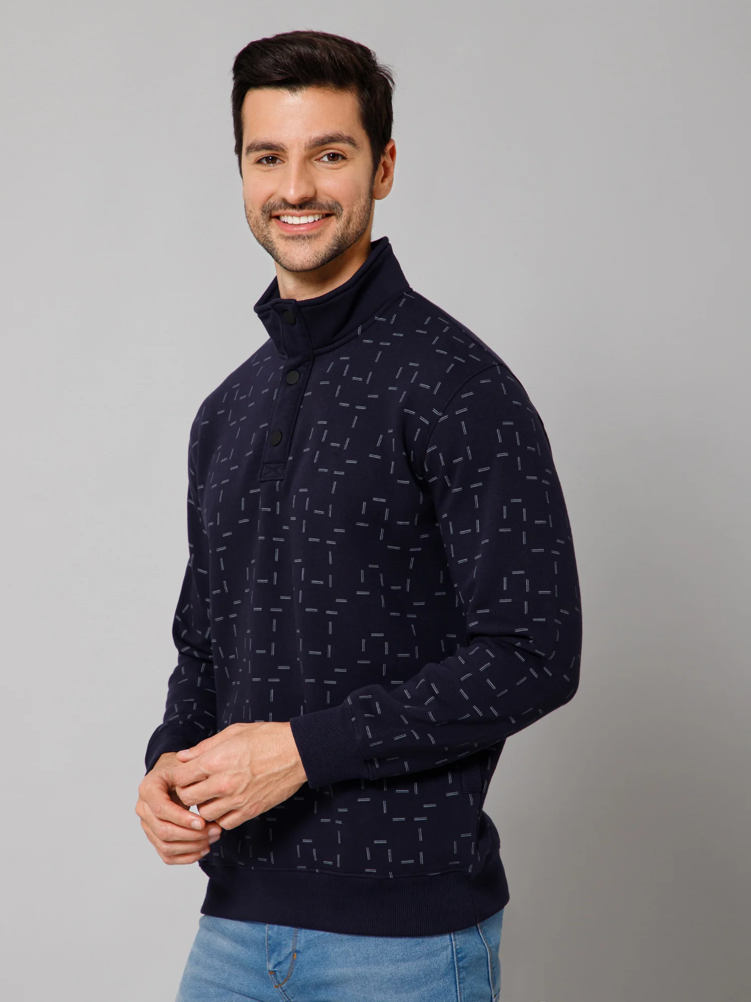 Printed Navy Blue Full Sleeves Mock Collar Regular Fit Casual Sweatshirt for Men - Image 2