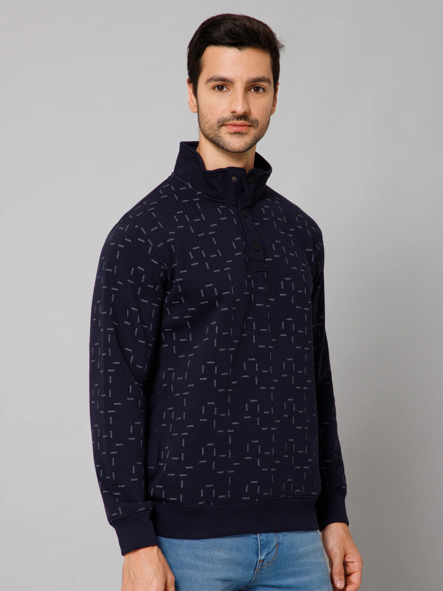 Printed Navy Blue Full Sleeves Mock Collar Regular Fit Casual Sweatshirt for Men - Image 3