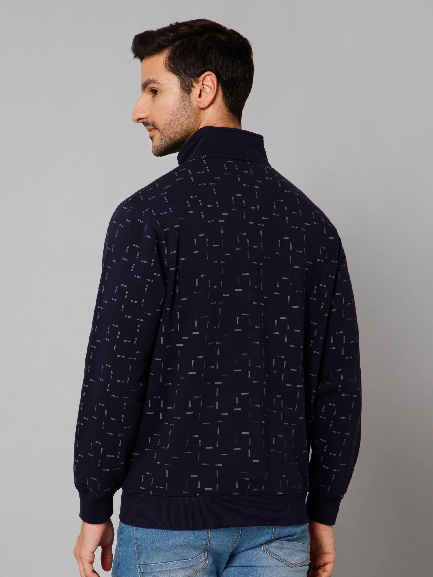 Printed Navy Blue Full Sleeves Mock Collar Regular Fit Casual Sweatshirt for Men - Image 4