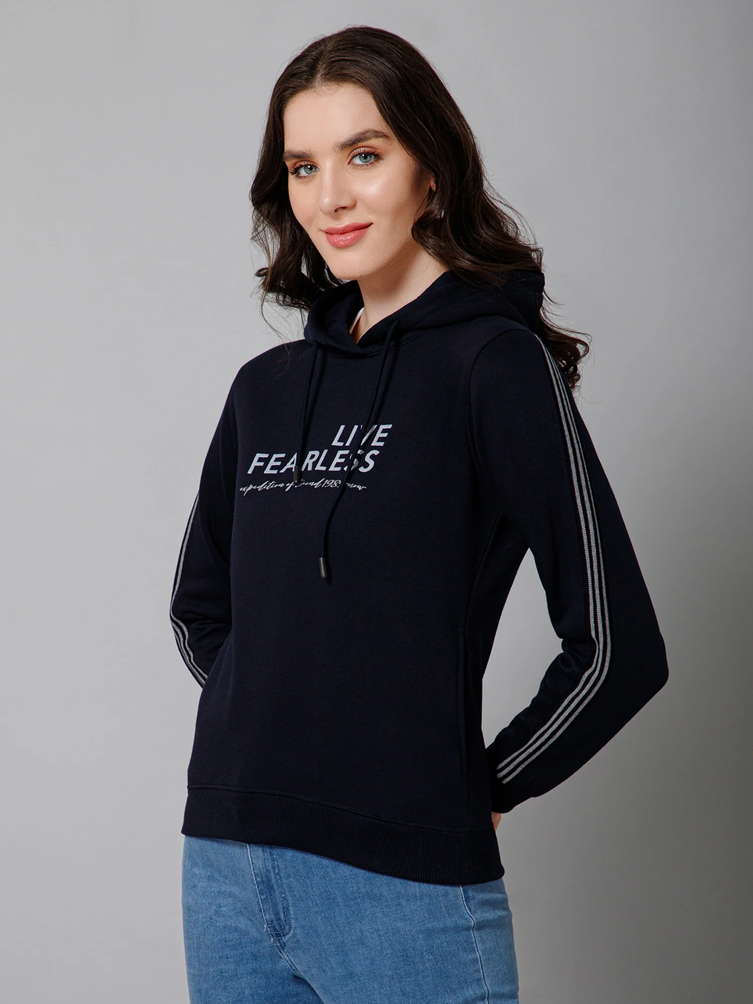 Women's Casual  Navy Blue Regular Full Sleeve Pullover Hoodie Fleece Sweatshirt - Image 2
