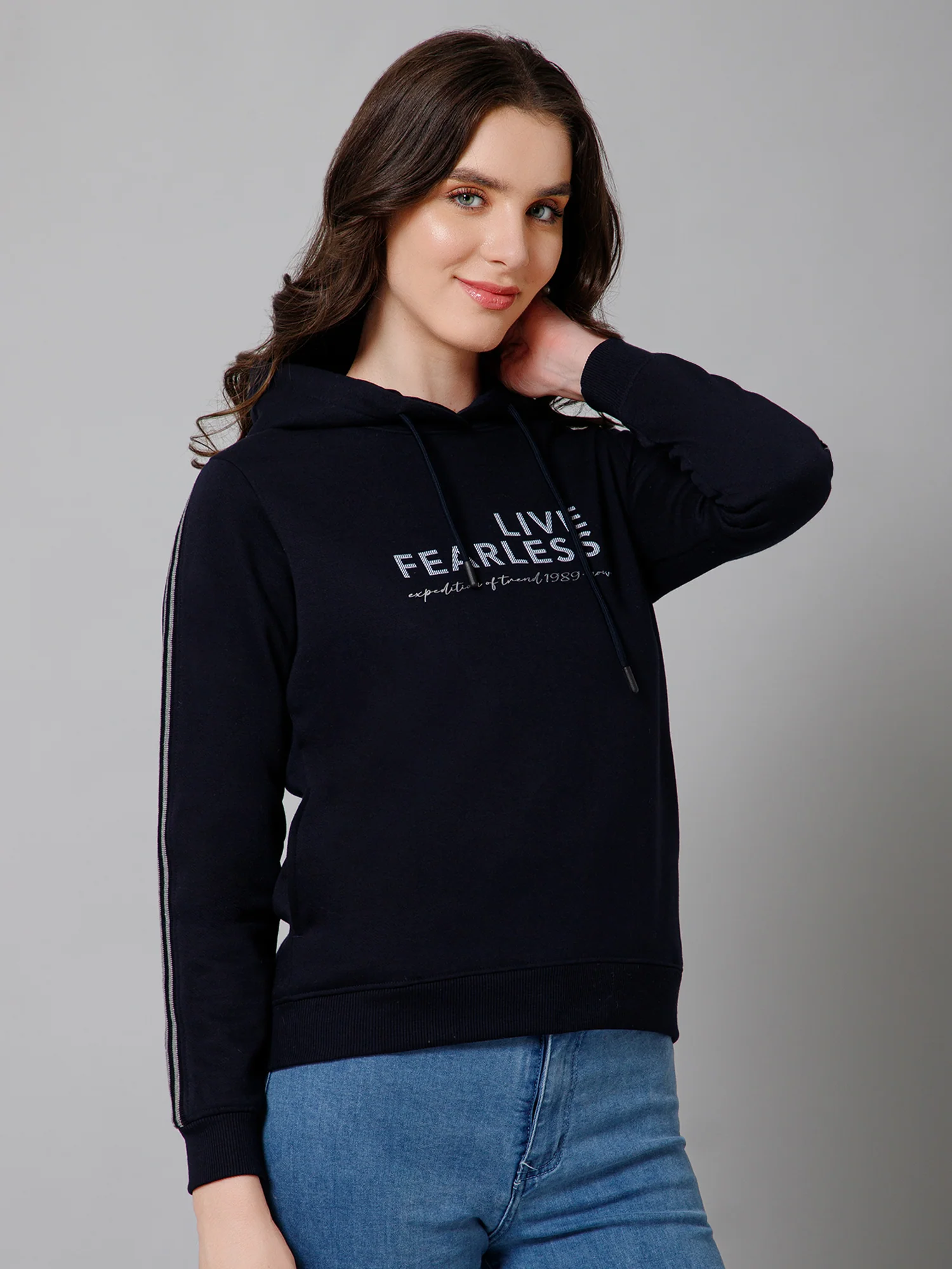 Women's Casual  Navy Blue Regular Full Sleeve Pullover Hoodie Fleece Sweatshirt - Image 3