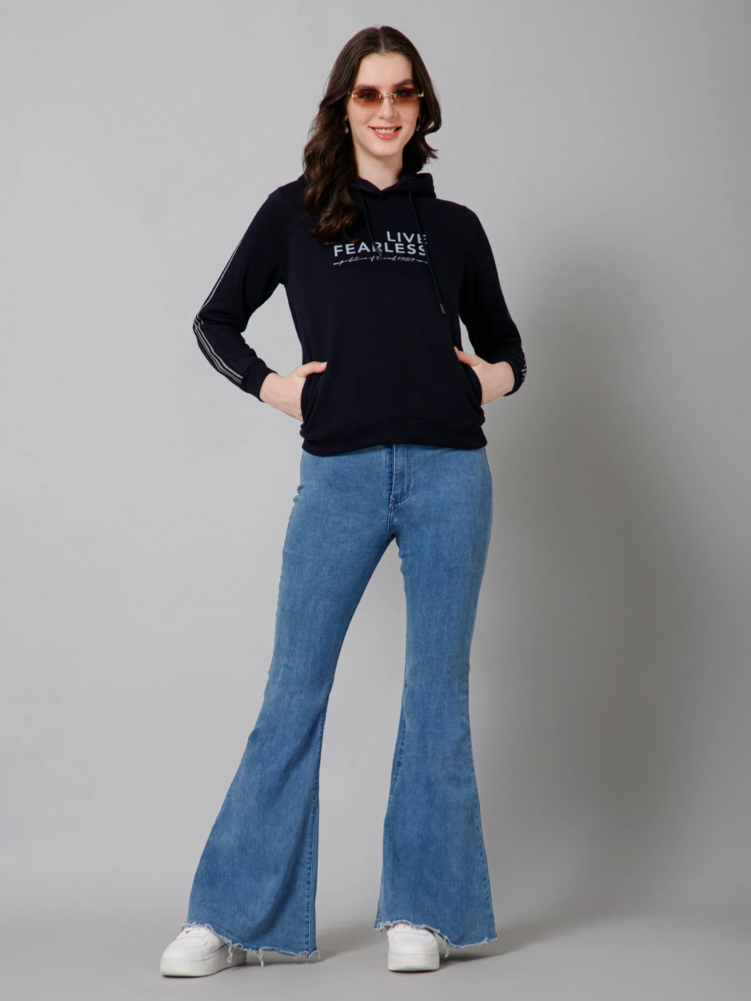 Women's Casual  Navy Blue Regular Full Sleeve Pullover Hoodie Fleece Sweatshirt - Image 6