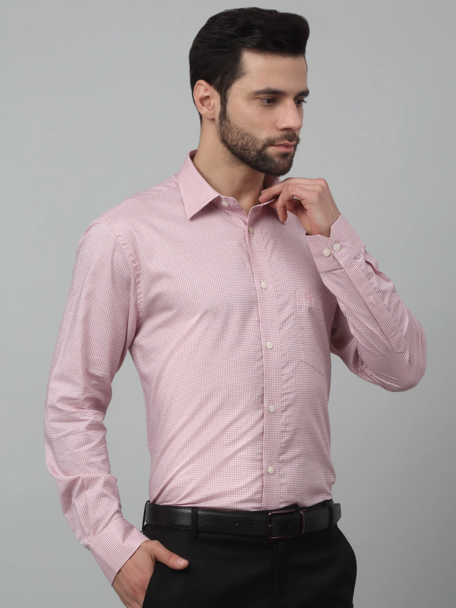 Men's Red Formal Micro Checks Full Sleeve Shirt - Image 3