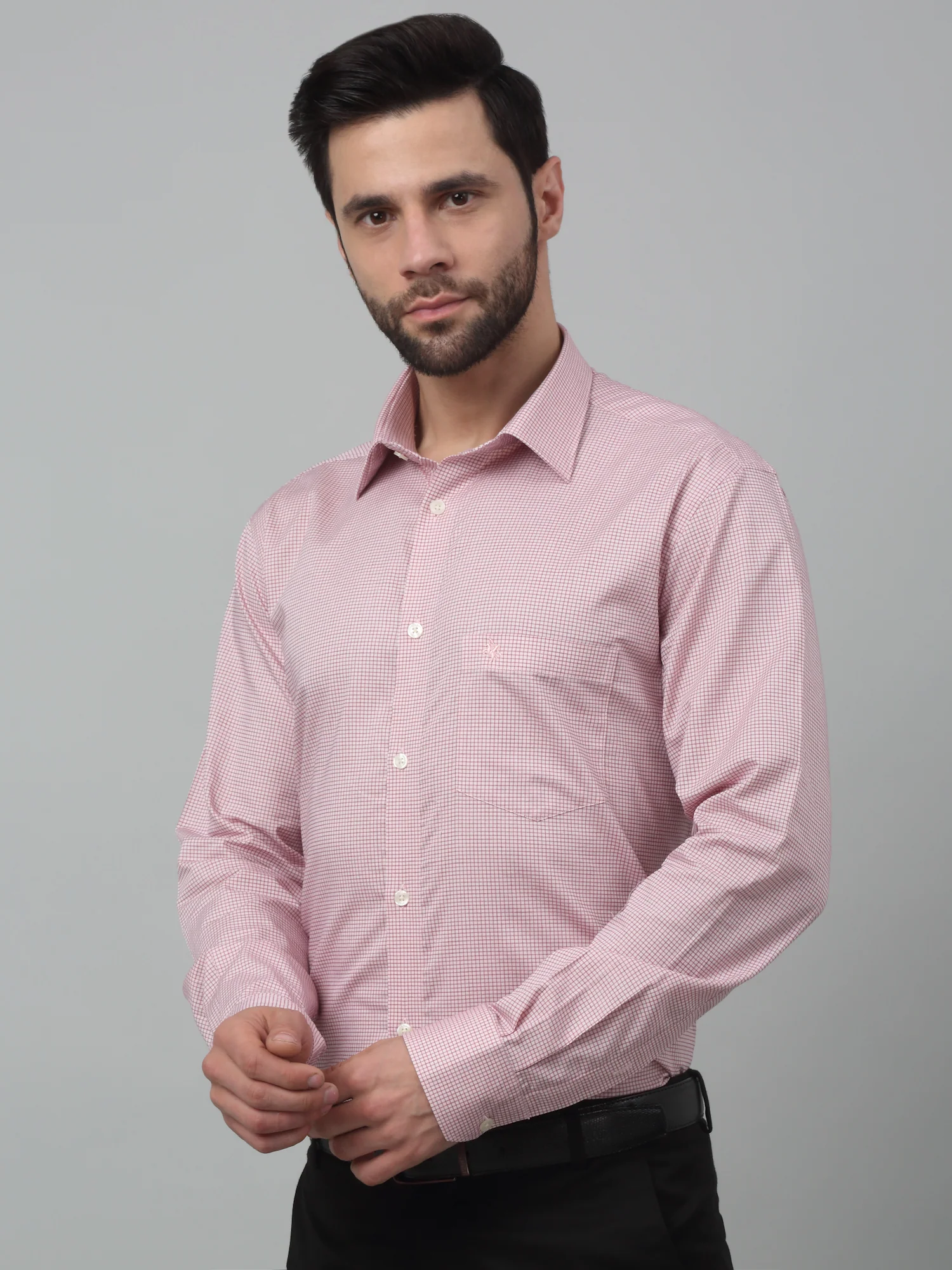 Men's Red Formal Micro Checks Full Sleeve Shirt - Image 4