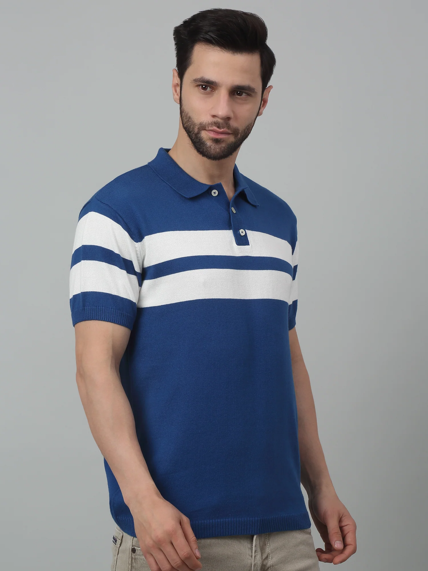 T-Shirt for Men | Breathable & Soft with Color Fastness Regular Fit Polo Neck Cotton Fabric Striped Pattern - Image 3