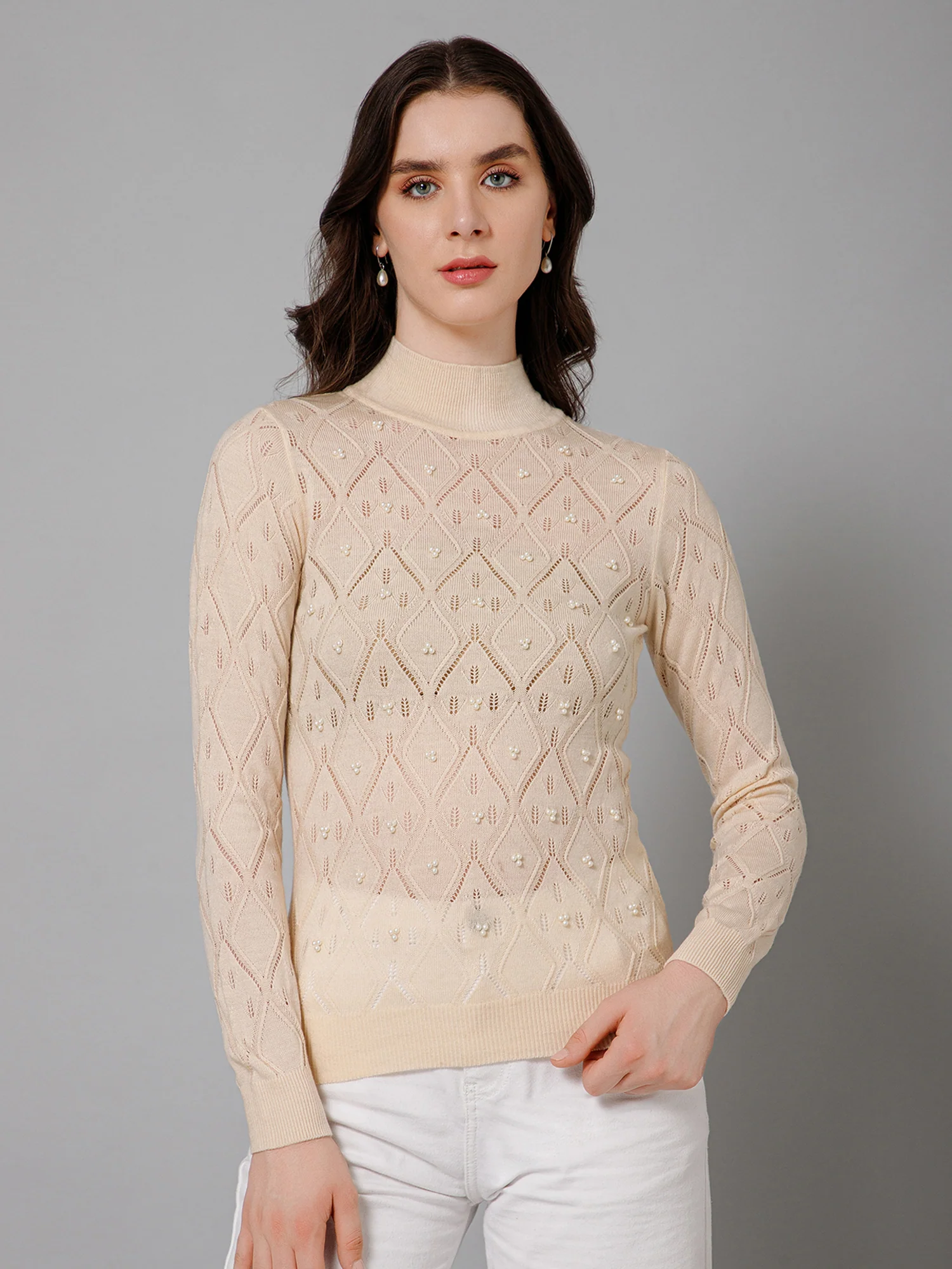 Women's Casual Ivory High neck Pullover Sweater