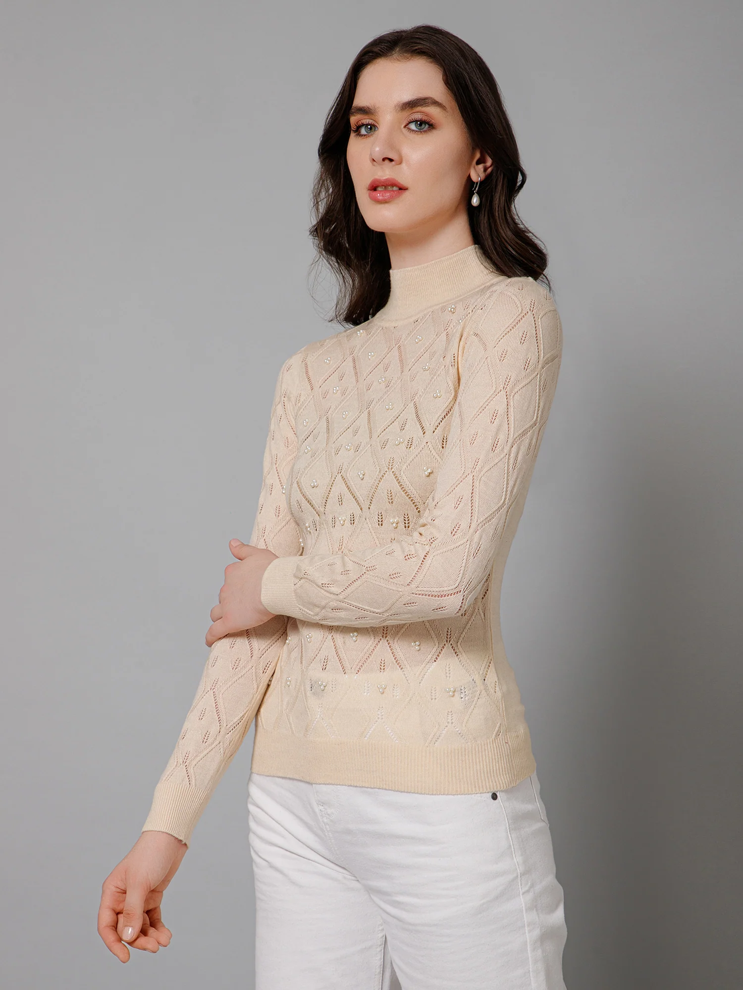 Women's Casual Ivory High neck Pullover Sweater - Image 2