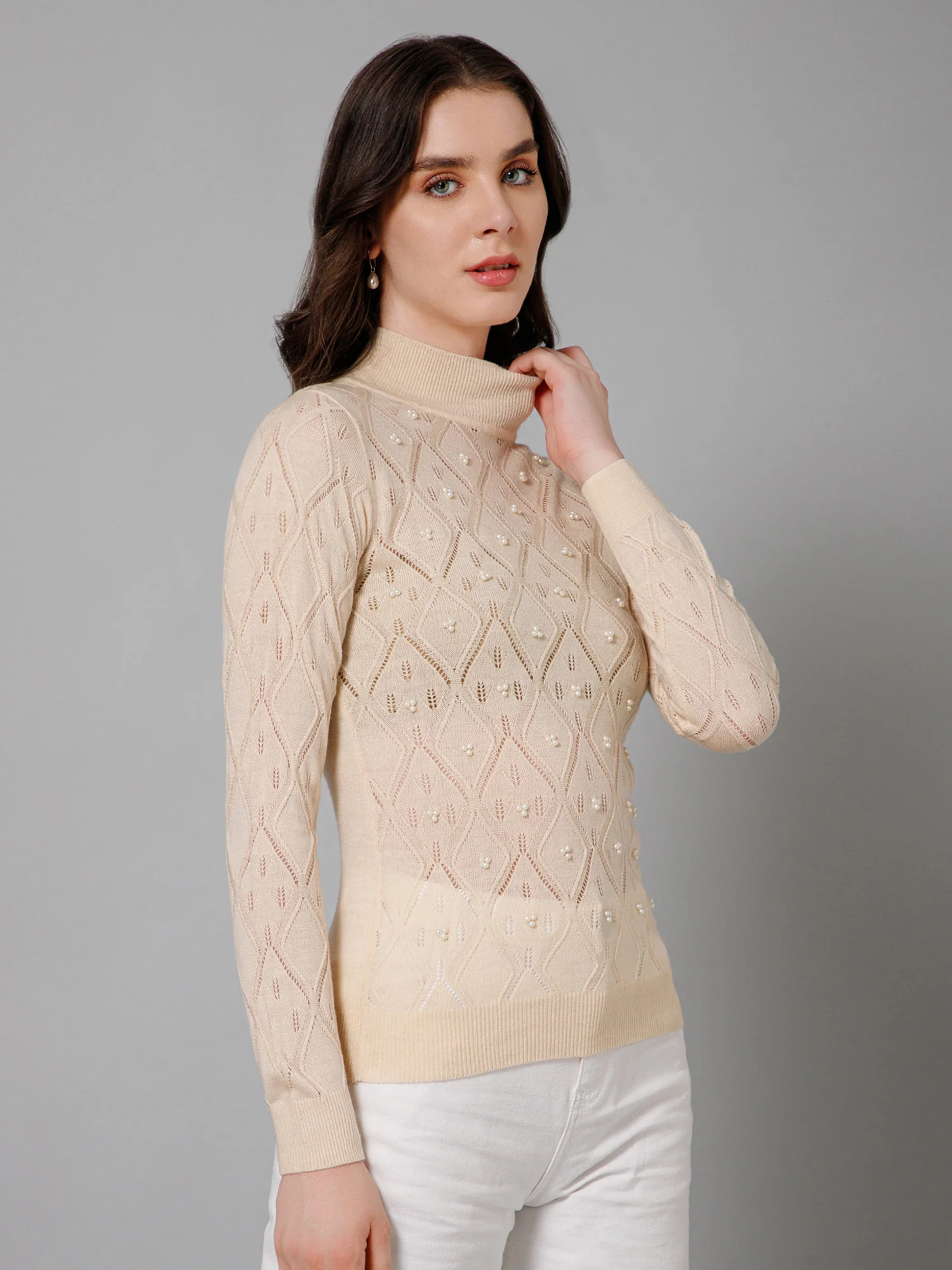 Women's Casual Ivory High neck Pullover Sweater - Image 3