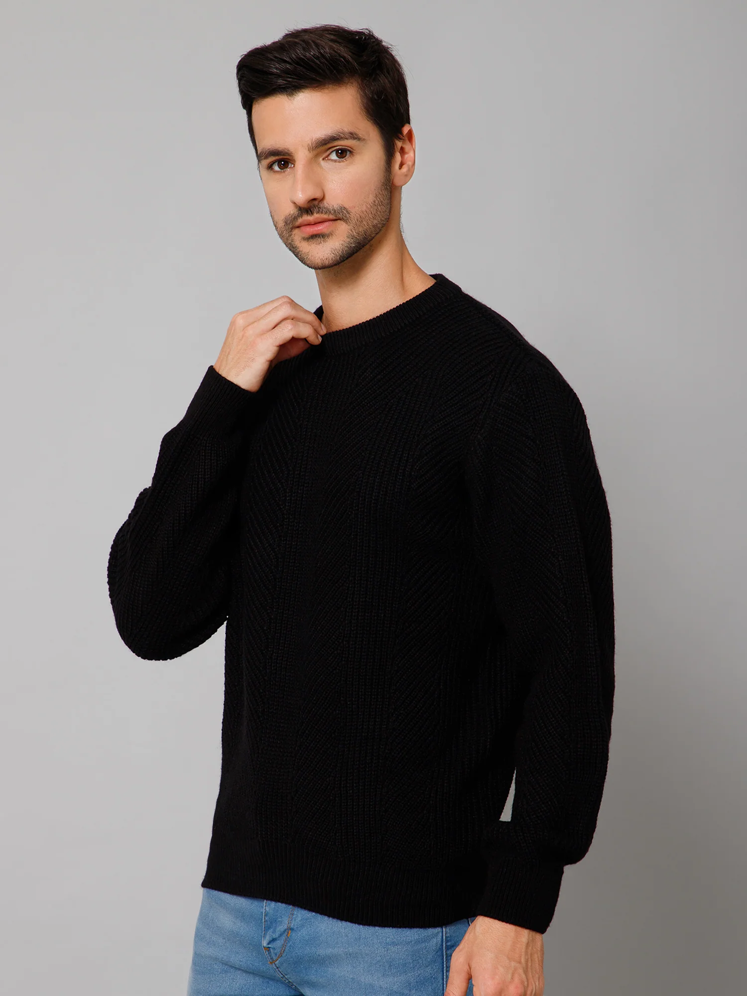 Self Design Black Full Sleeves Round Neck Regular Fit Casual Sweater for Men - Image 2