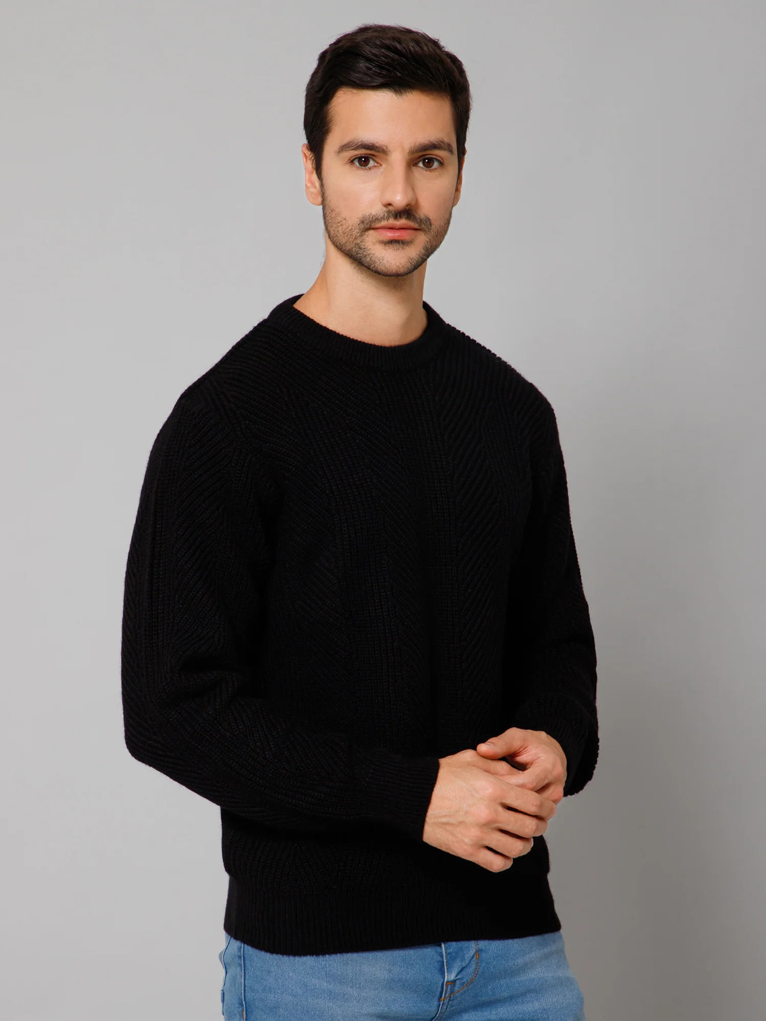 Self Design Black Full Sleeves Round Neck Regular Fit Casual Sweater for Men - Image 3