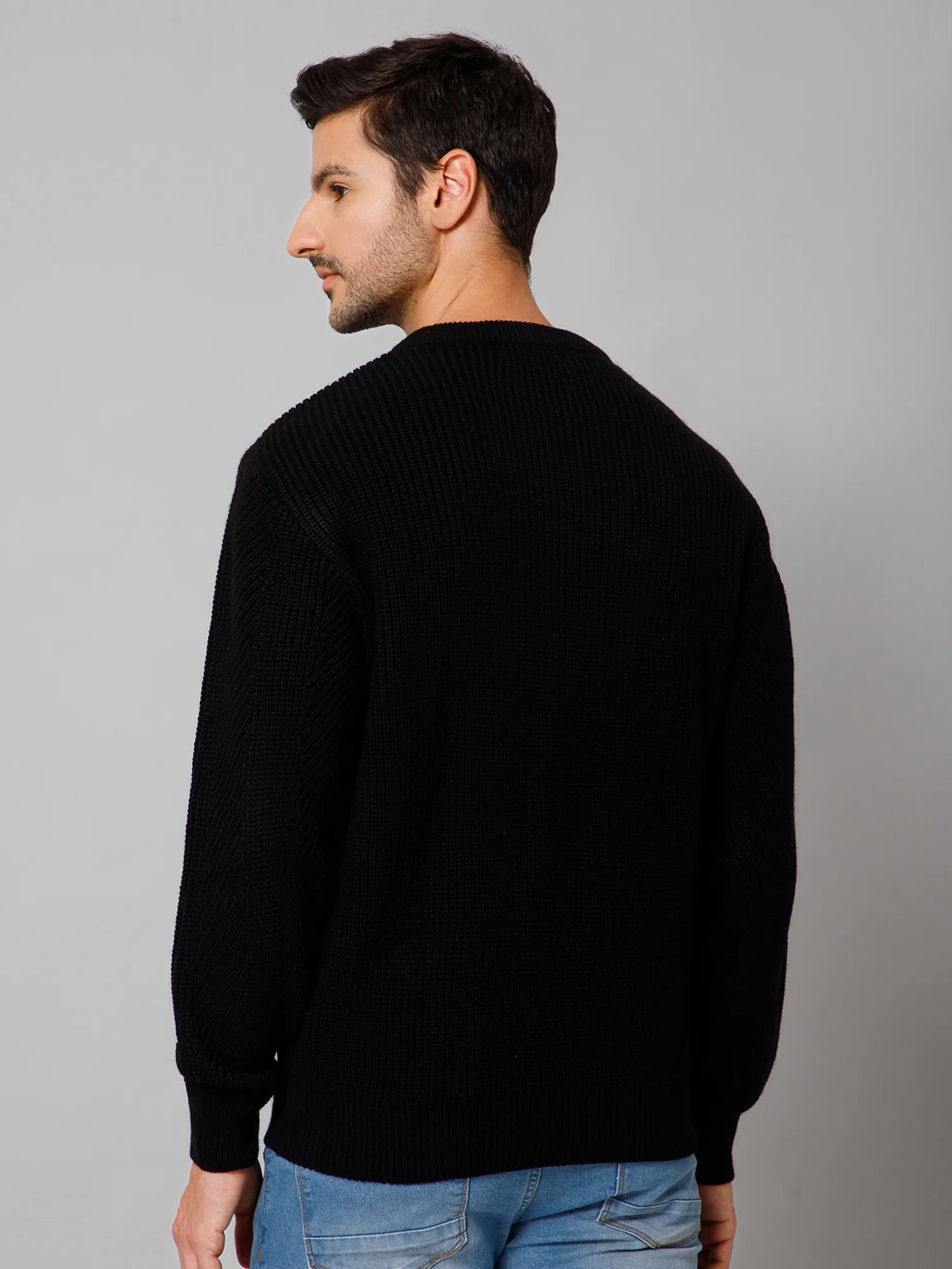 Self Design Black Full Sleeves Round Neck Regular Fit Casual Sweater for Men - Image 4