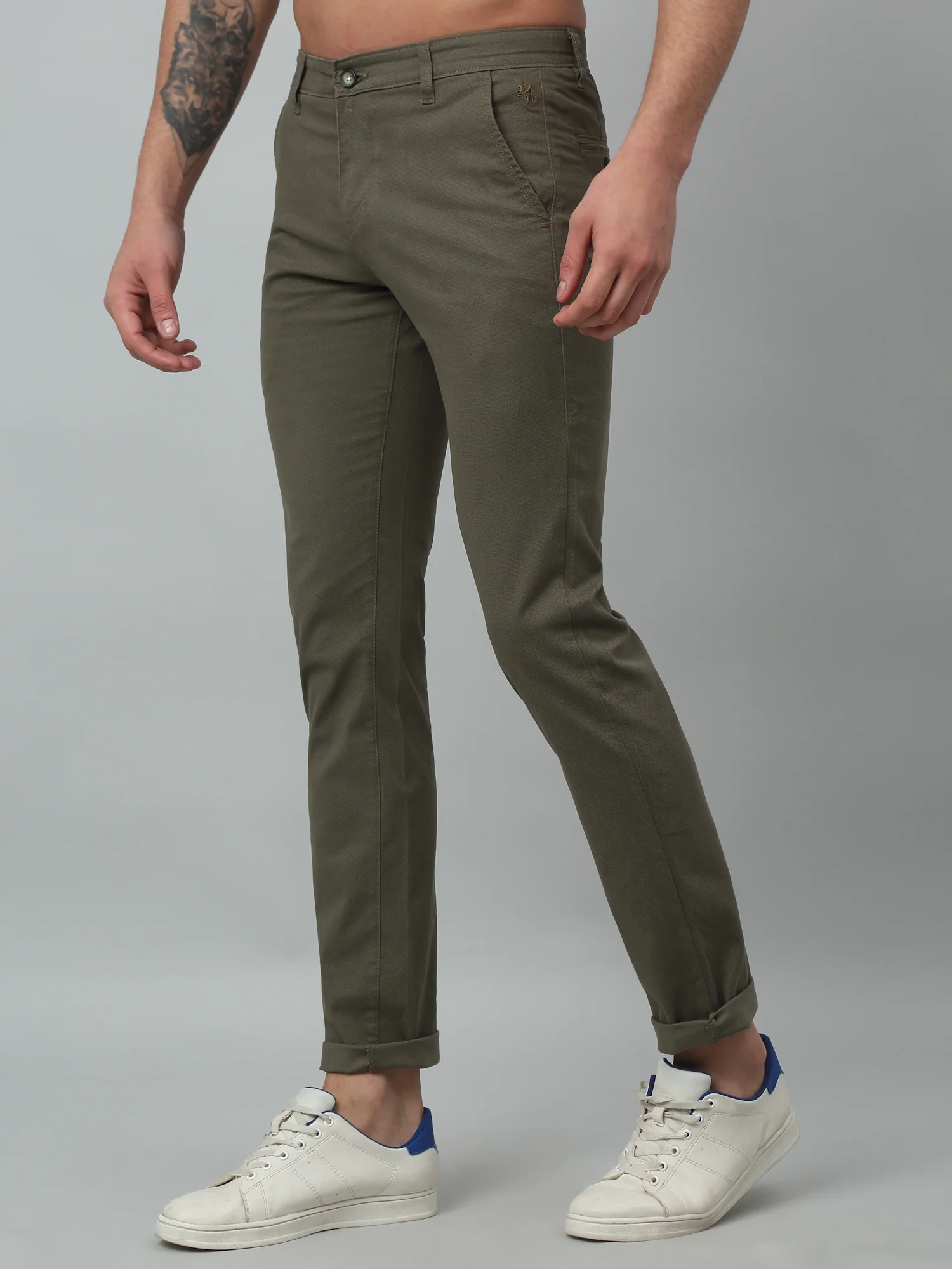 Men's Casual Flat front Olive Green  Trousers - Image 2