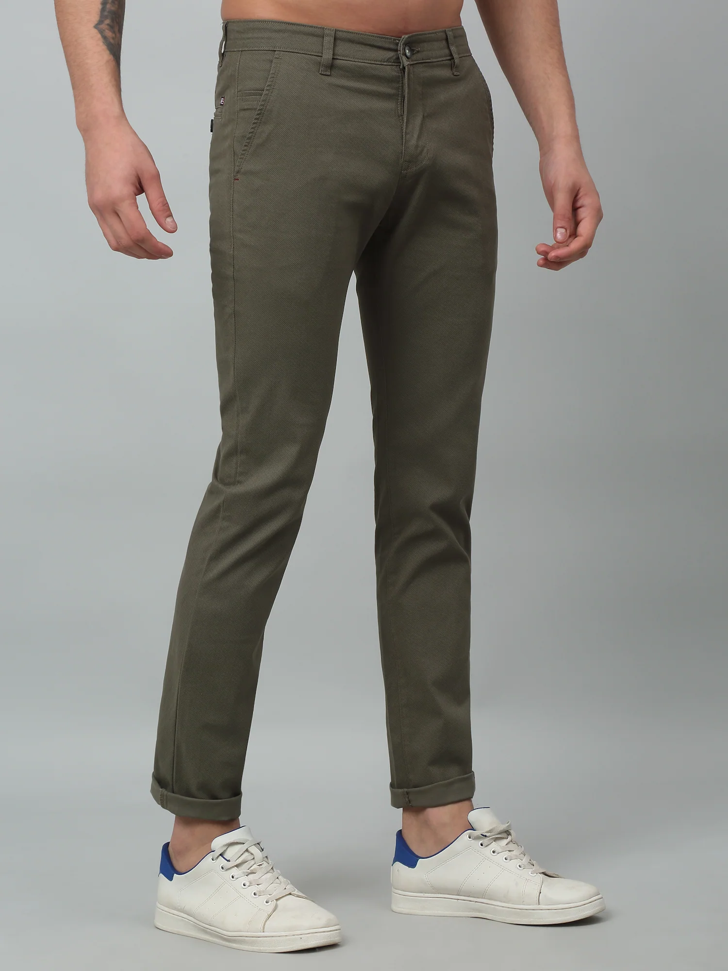 Men's Casual Flat front Olive Green  Trousers - Image 3