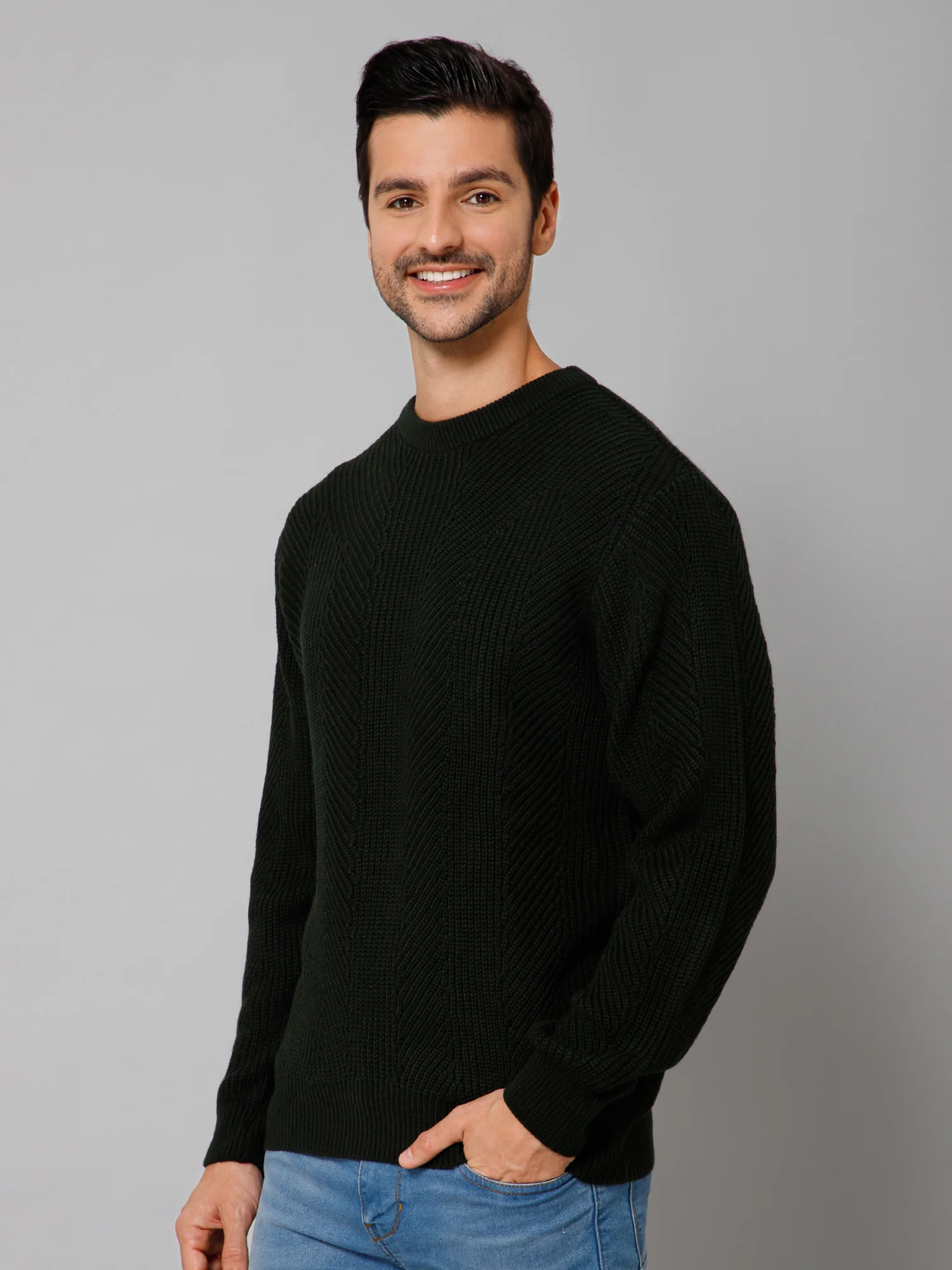 Self Design Olive Full Sleeves Round Neck Regular Fit Casual Sweater for Men - Image 2