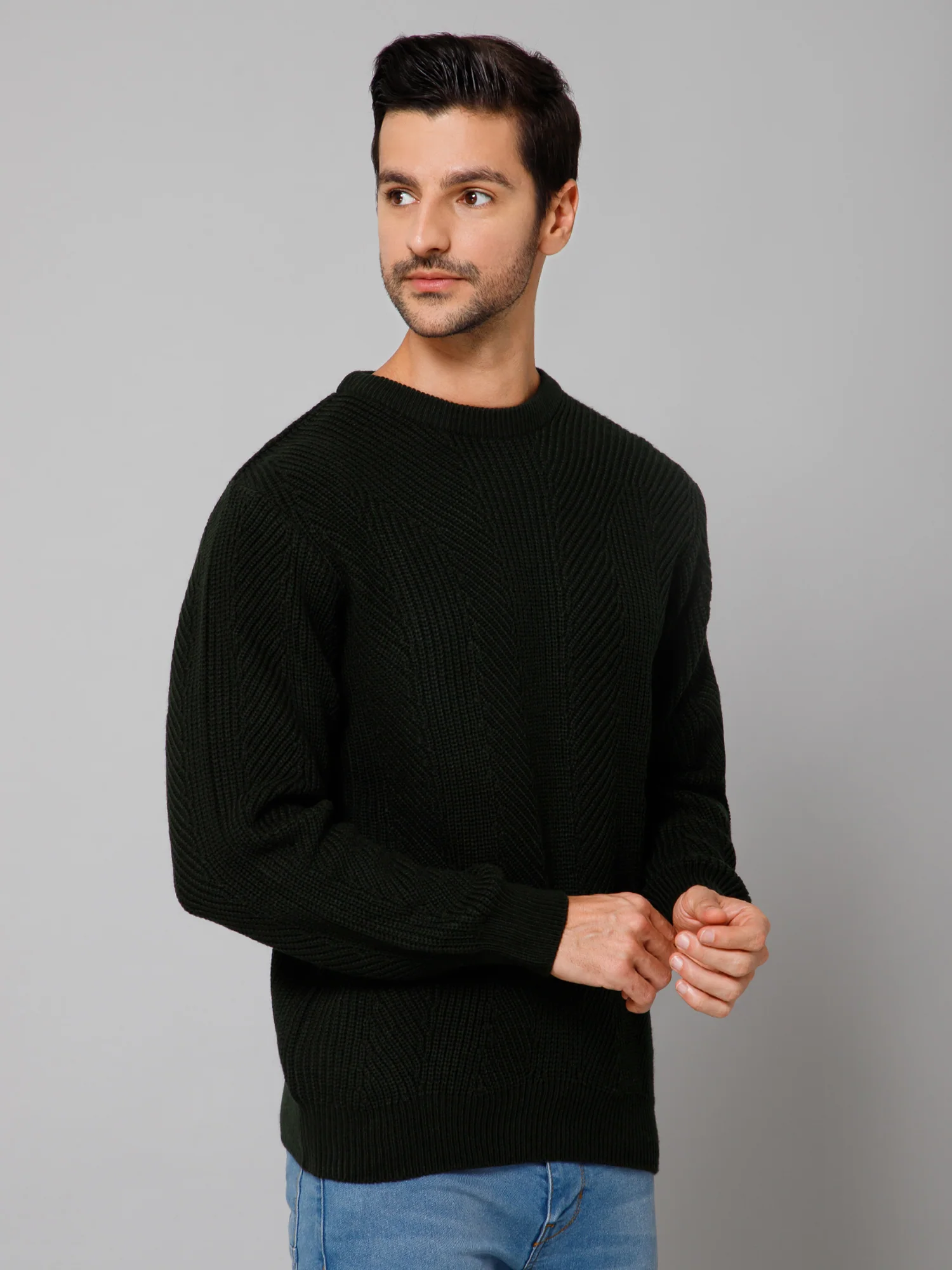 Self Design Olive Full Sleeves Round Neck Regular Fit Casual Sweater for Men - Image 3