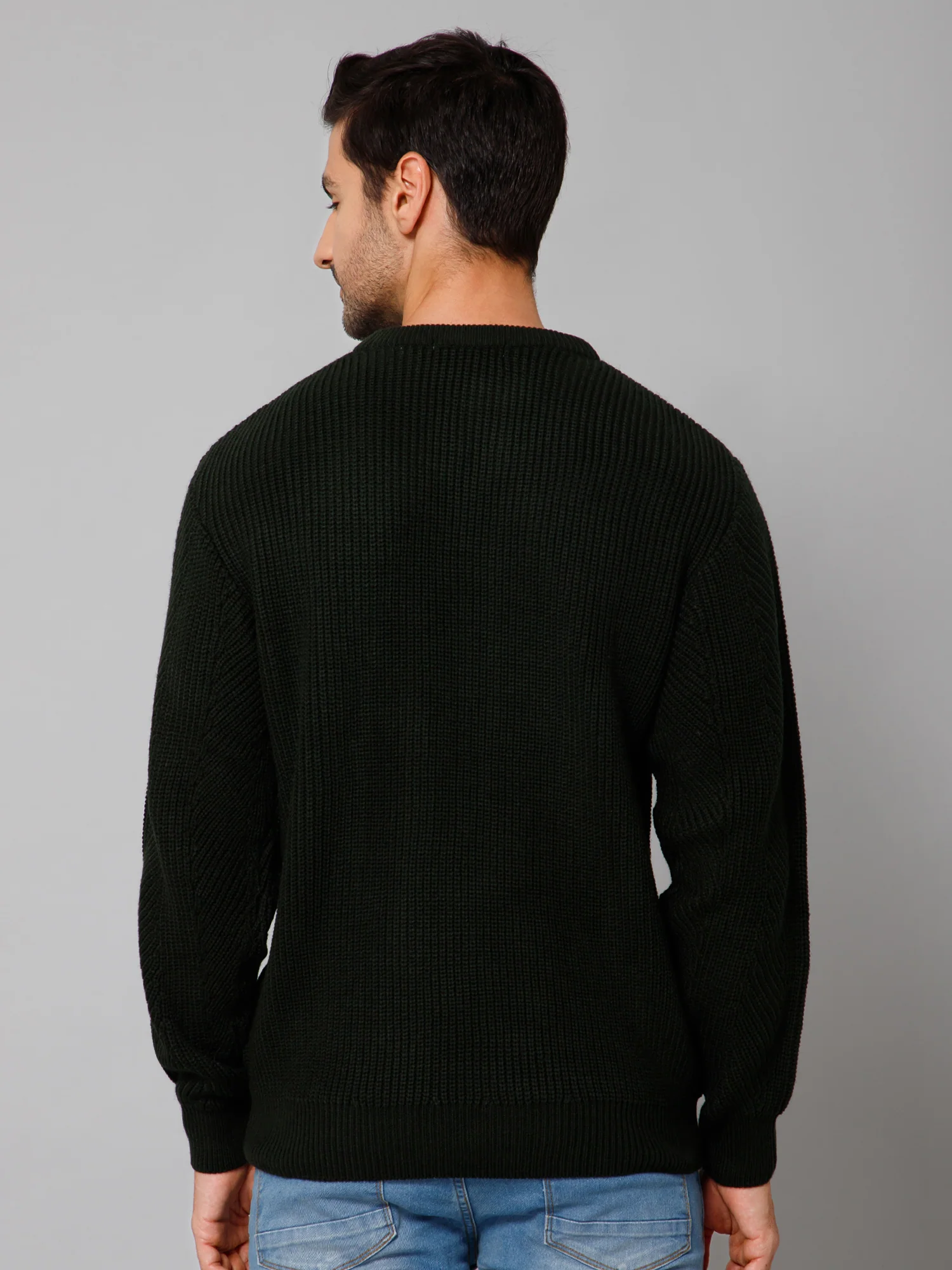 Self Design Olive Full Sleeves Round Neck Regular Fit Casual Sweater for Men - Image 4