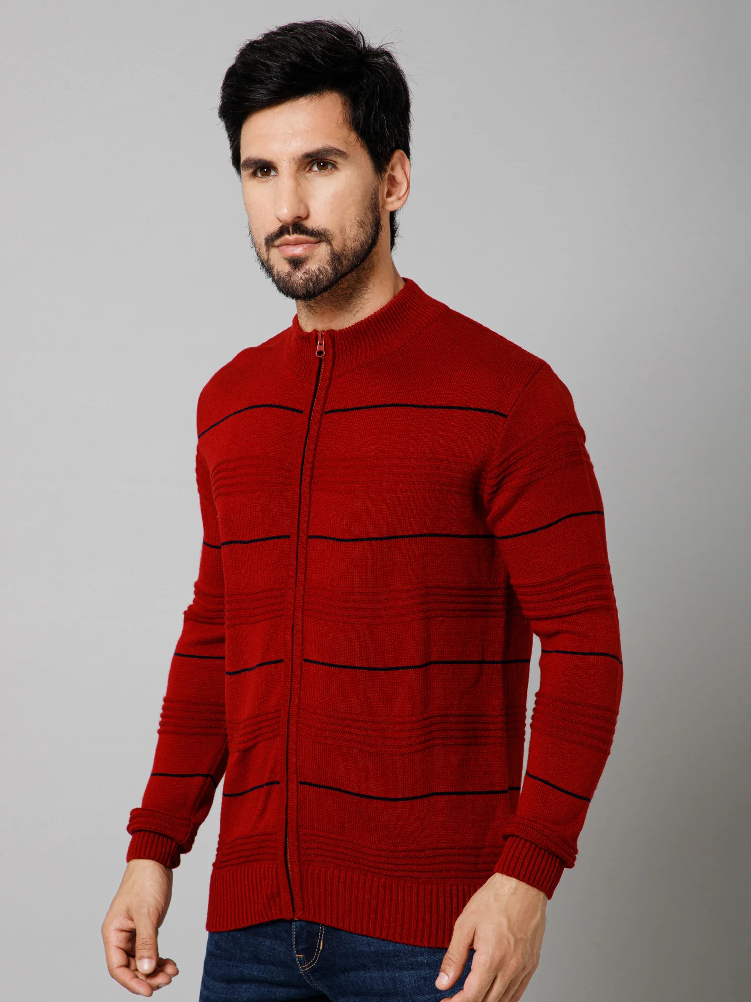 Self Design Red Mock Collar Full Sleeves Regular Fit Casual Sweater For Mens - Image 2