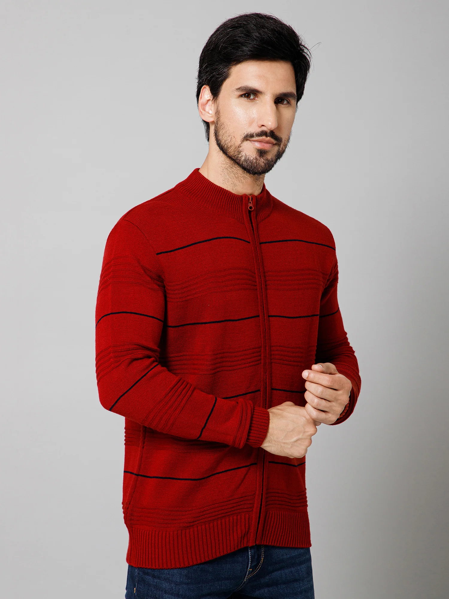 Self Design Red Mock Collar Full Sleeves Regular Fit Casual Sweater For Mens - Image 3