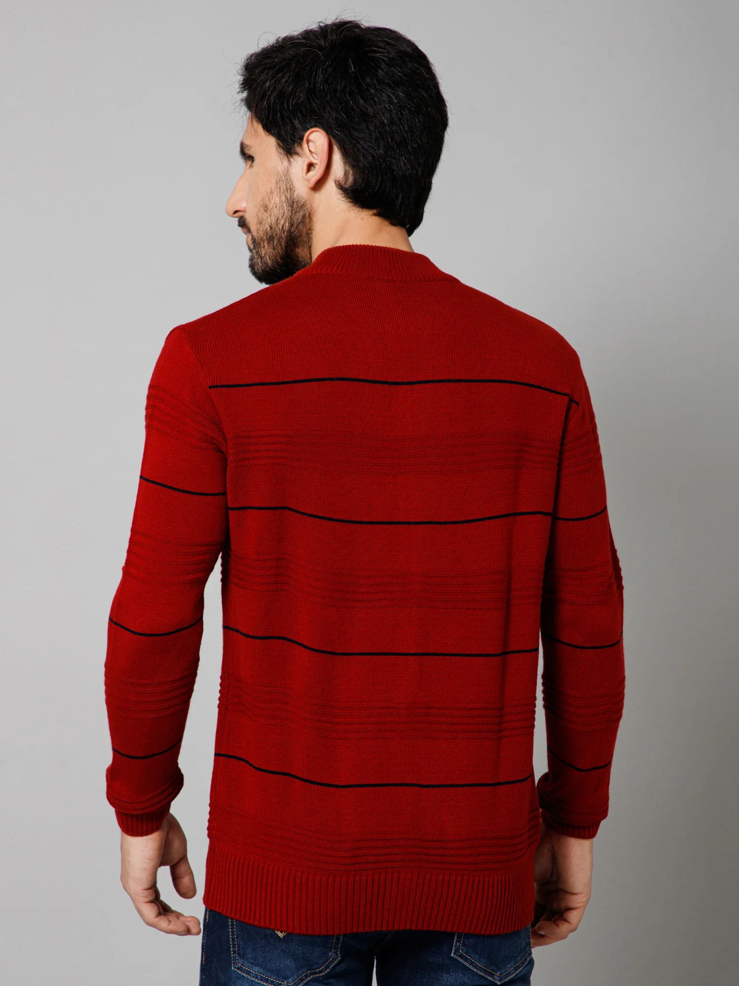 Self Design Red Mock Collar Full Sleeves Regular Fit Casual Sweater For Mens - Image 4
