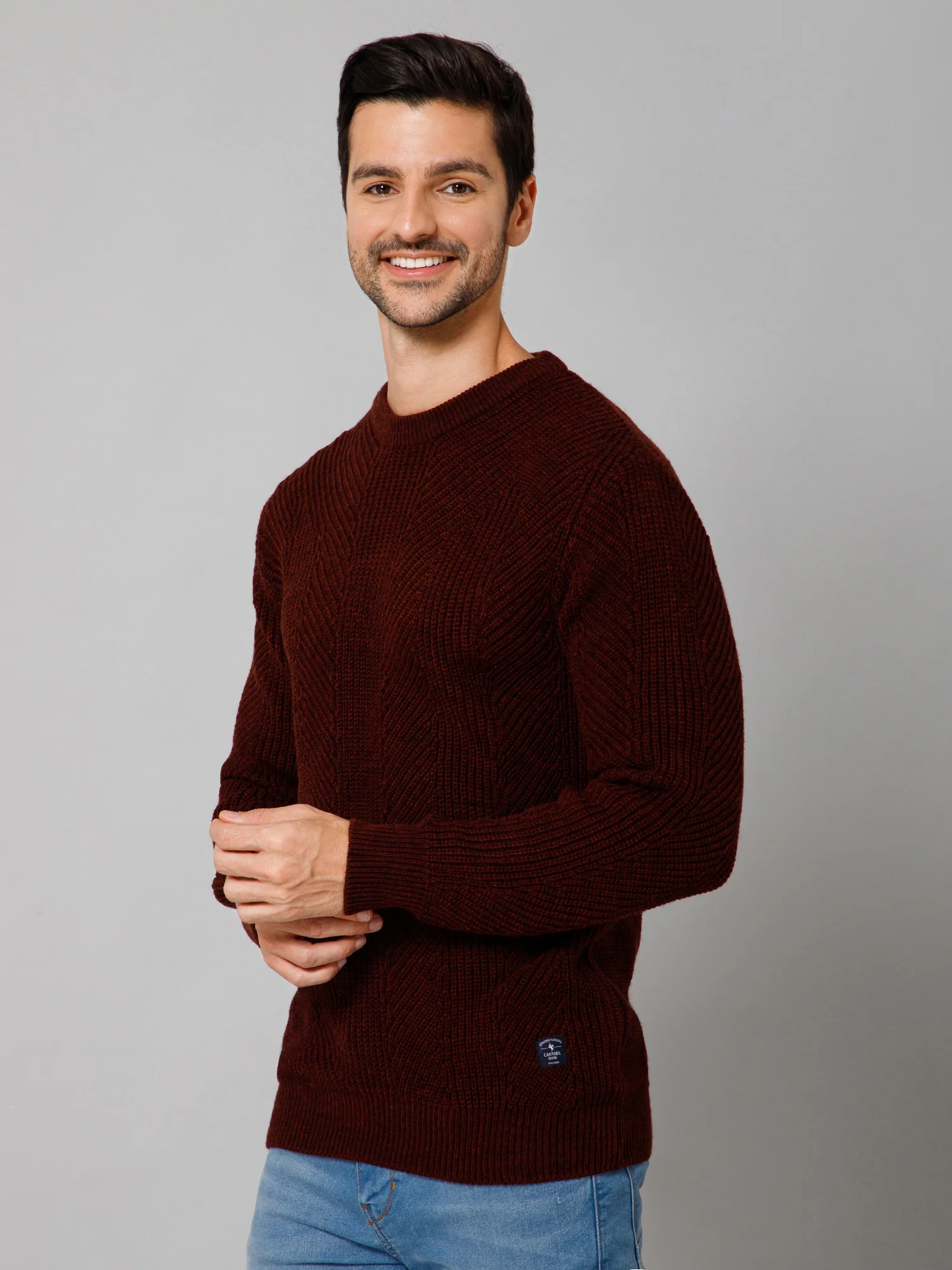 Self Design Rust Full Sleeves Round Neck Regular Fit Casual Sweater for Men - Image 2