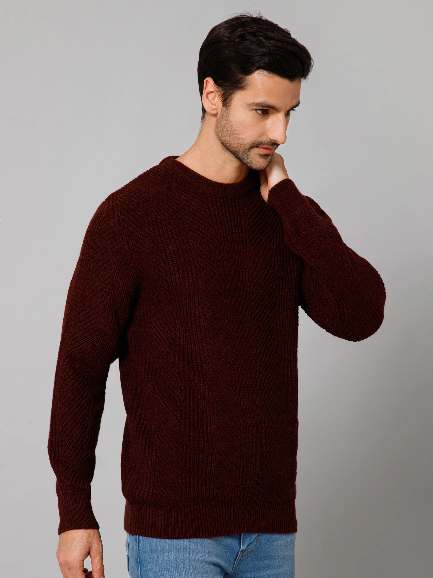 Self Design Rust Full Sleeves Round Neck Regular Fit Casual Sweater for Men - Image 3