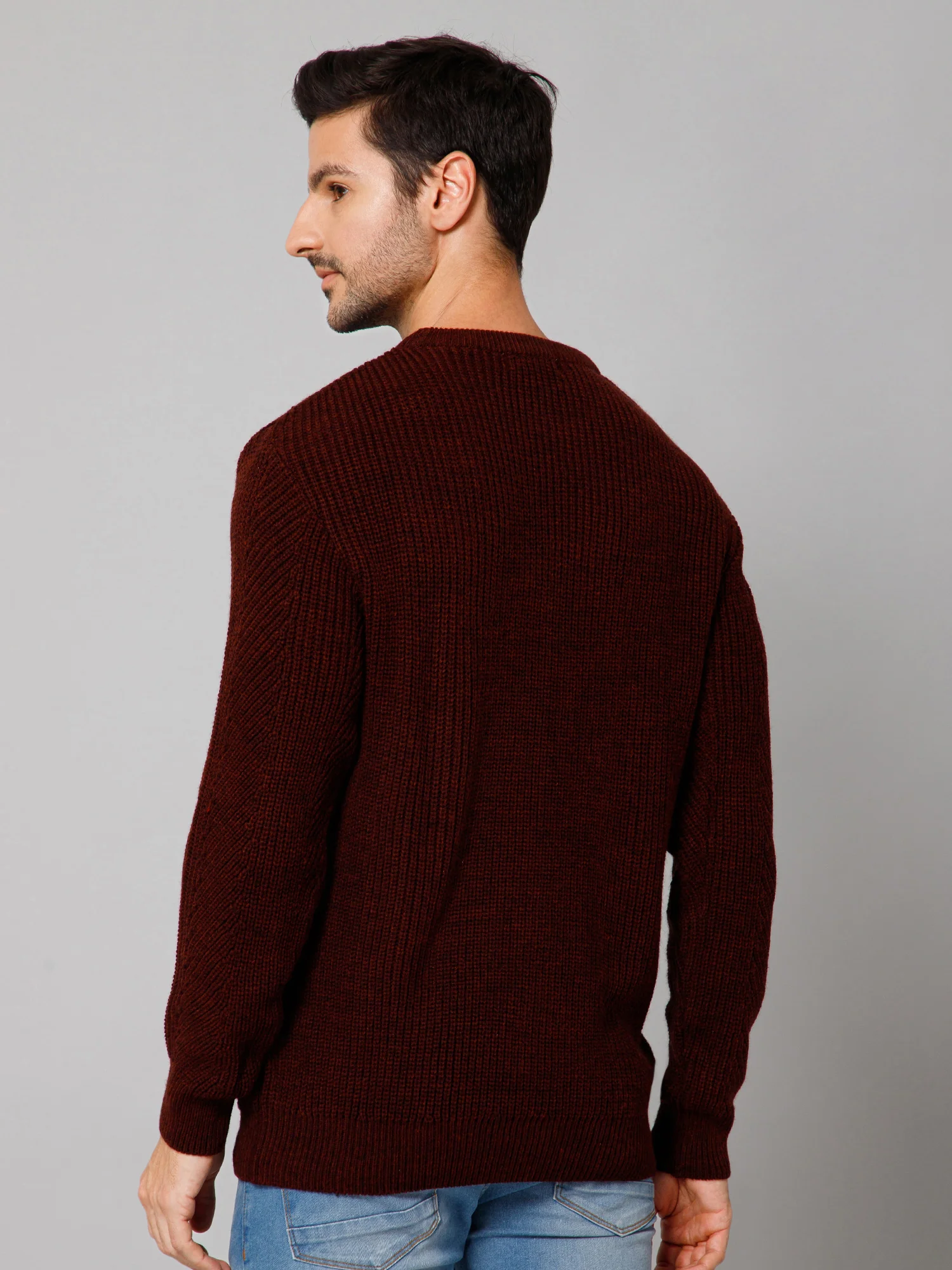 Self Design Rust Full Sleeves Round Neck Regular Fit Casual Sweater for Men - Image 4