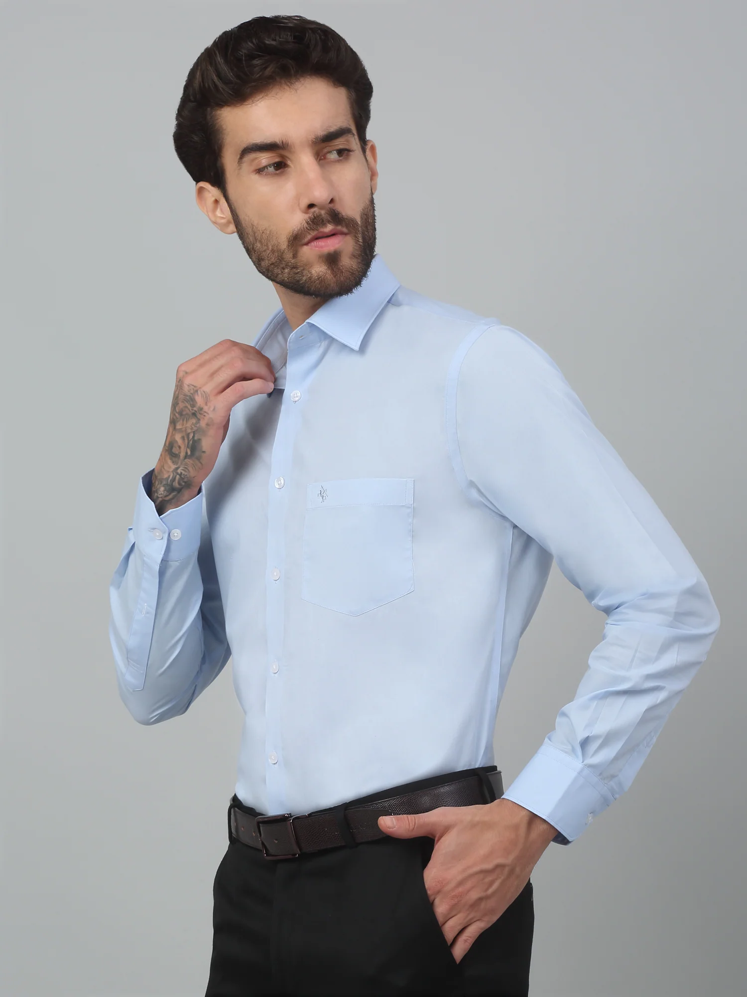 Men's Sky Blue Formal Plain Full Sleeve Shirt - Image 3