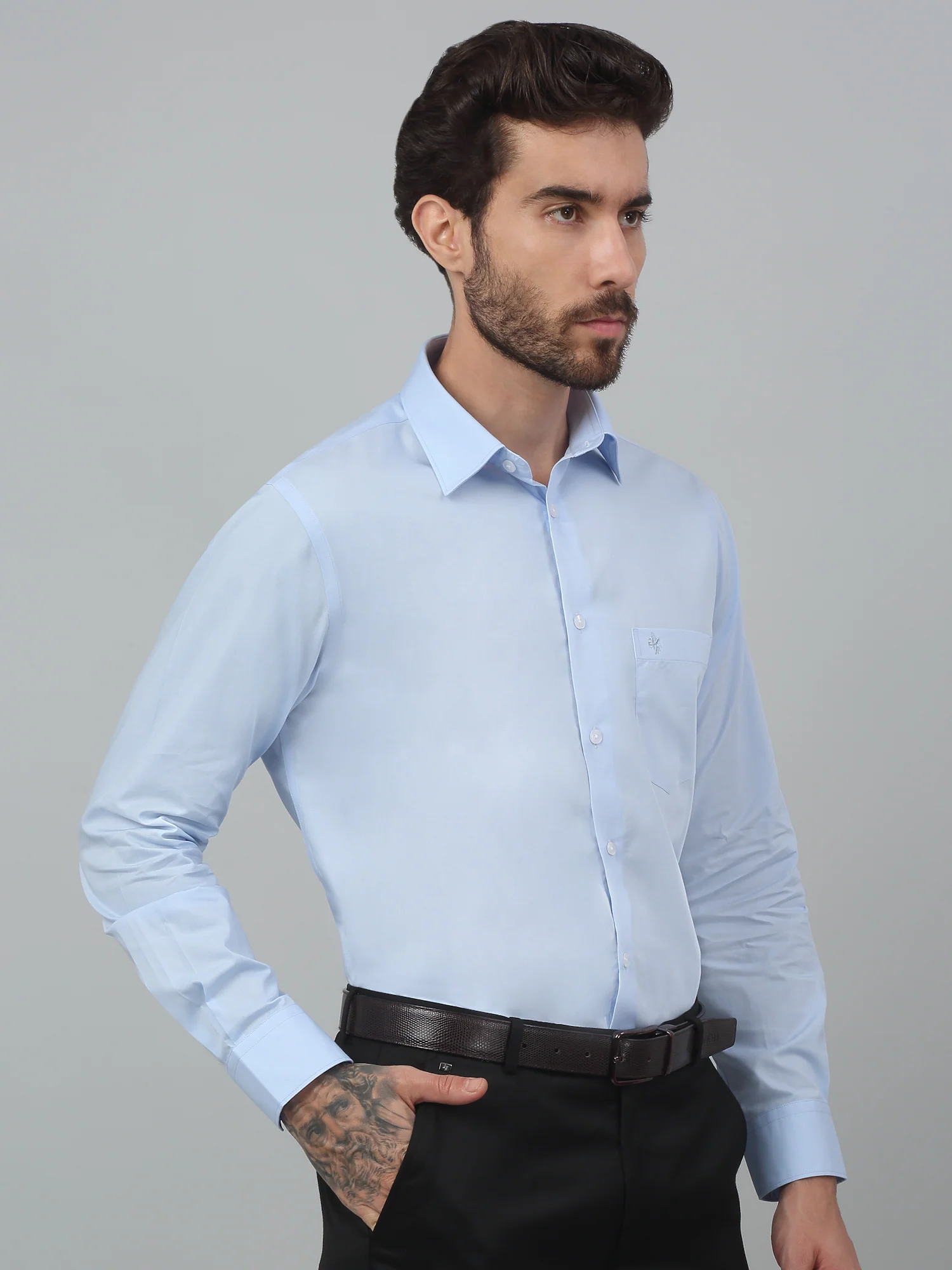Men's Sky Blue Formal Plain Full Sleeve Shirt - Image 4