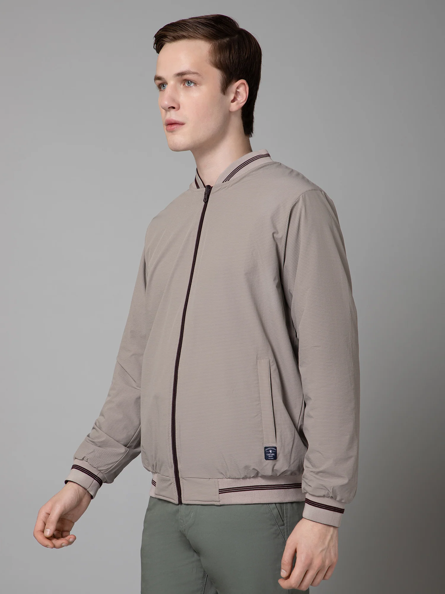 Solid Light Beige Full Sleeves Stand Collar Regular Fit Reversible Jacket for Men - Image 2