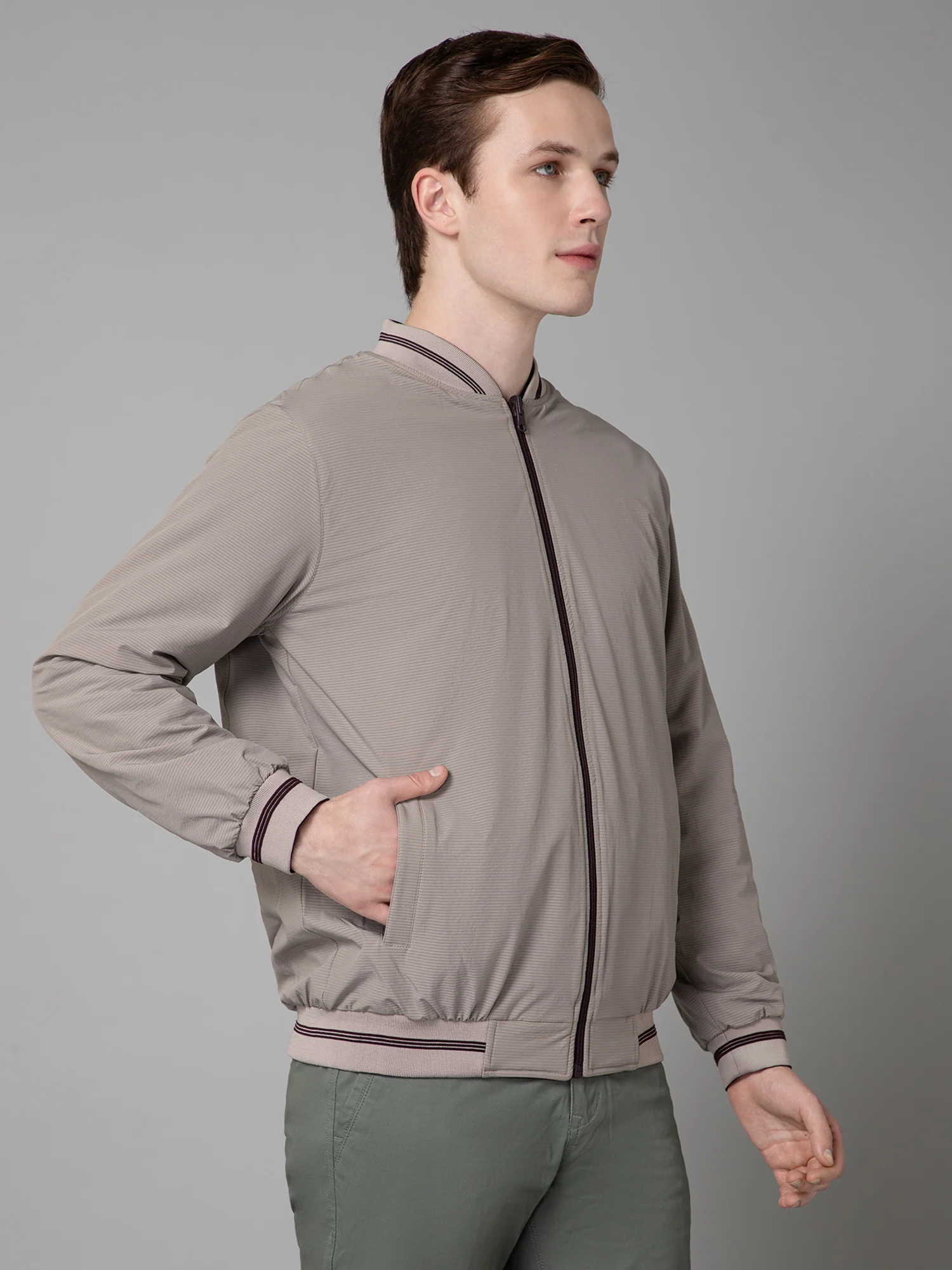 Solid Light Beige Full Sleeves Stand Collar Regular Fit Reversible Jacket for Men - Image 3