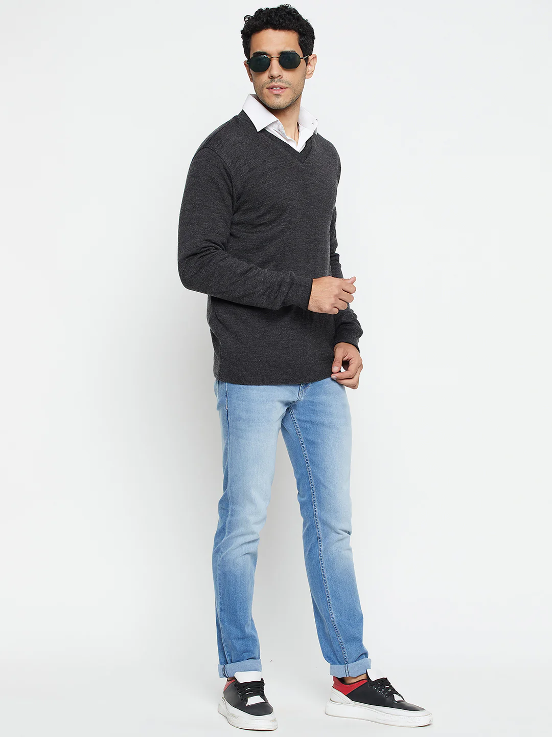 Solid Black and Grey Full Sleeves V Neck Reversible Regular Fit Casual Sweater for Men - Image 2