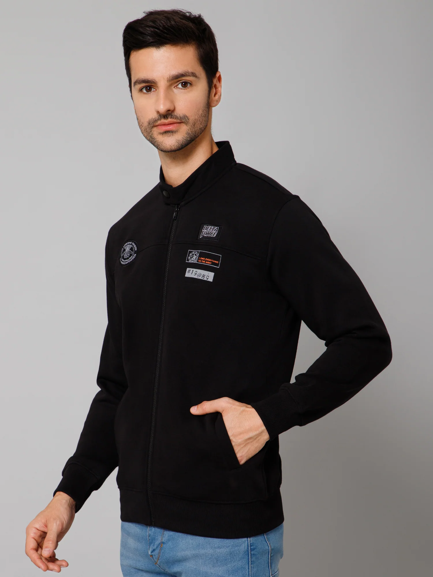 Solid Black Full Sleeves Band Collar Regular Fit Casual Sweatshirt for Men - Image 2