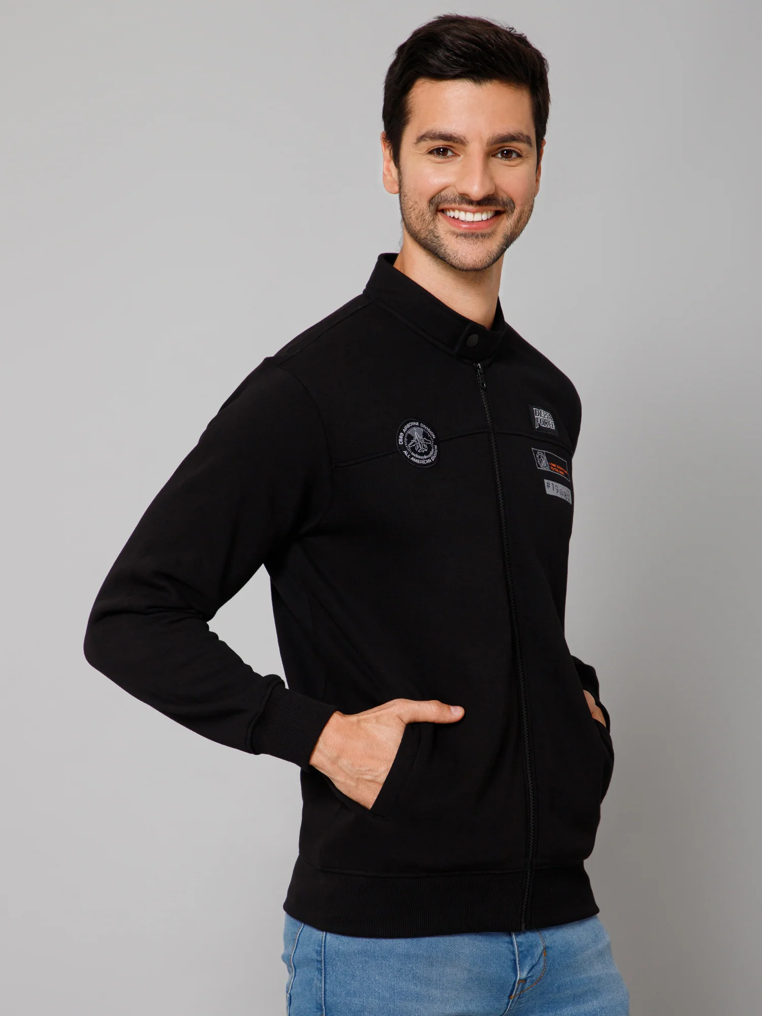 Solid Black Full Sleeves Band Collar Regular Fit Casual Sweatshirt for Men - Image 3