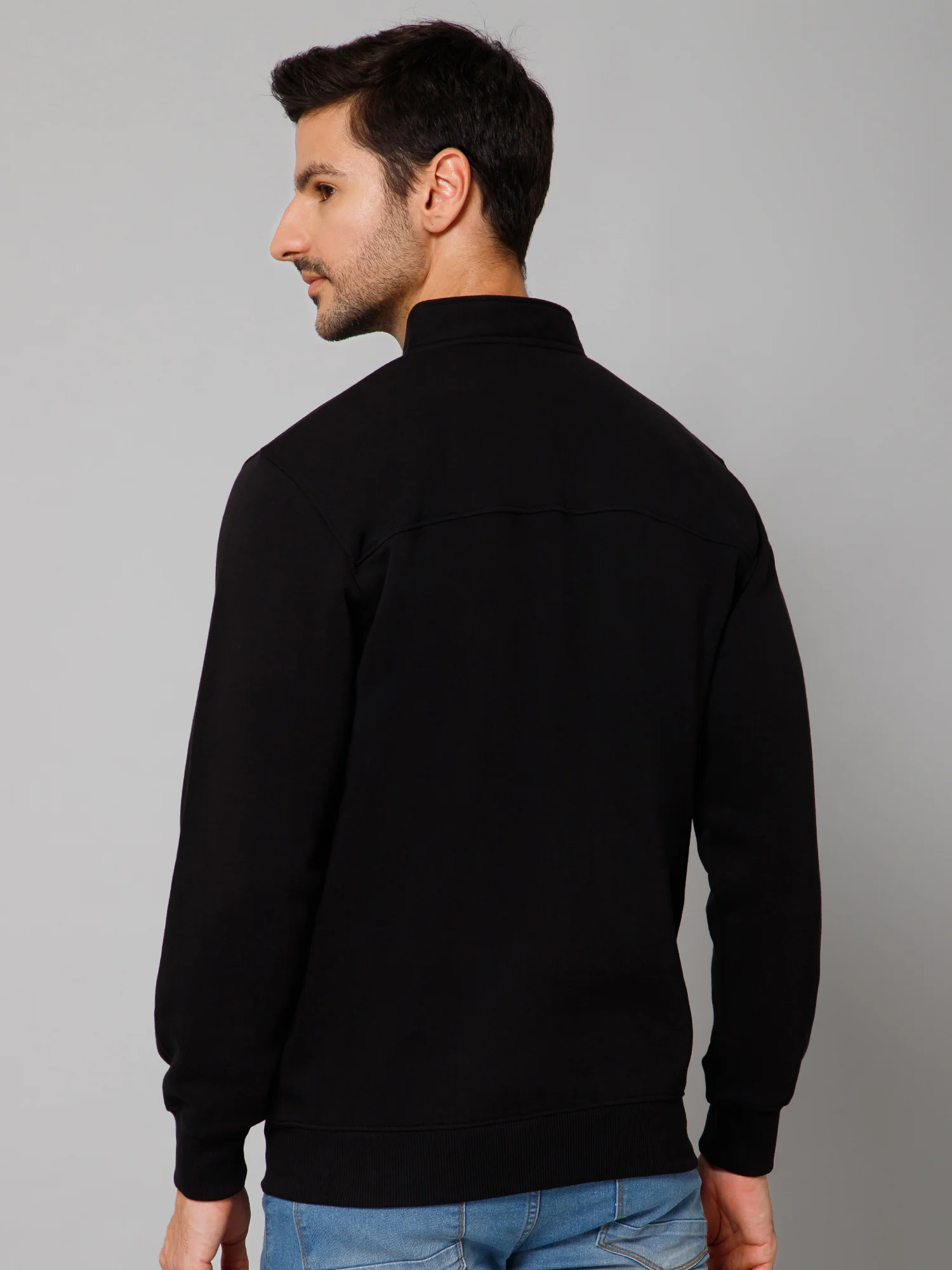 Solid Black Full Sleeves Band Collar Regular Fit Casual Sweatshirt for Men - Image 4