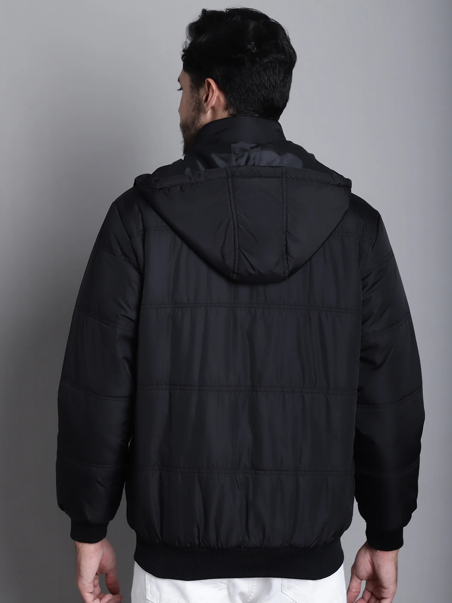 Solid Black Full Sleeves Hooded Neck Regular Fit Casual Jacket For Mens - Image 2